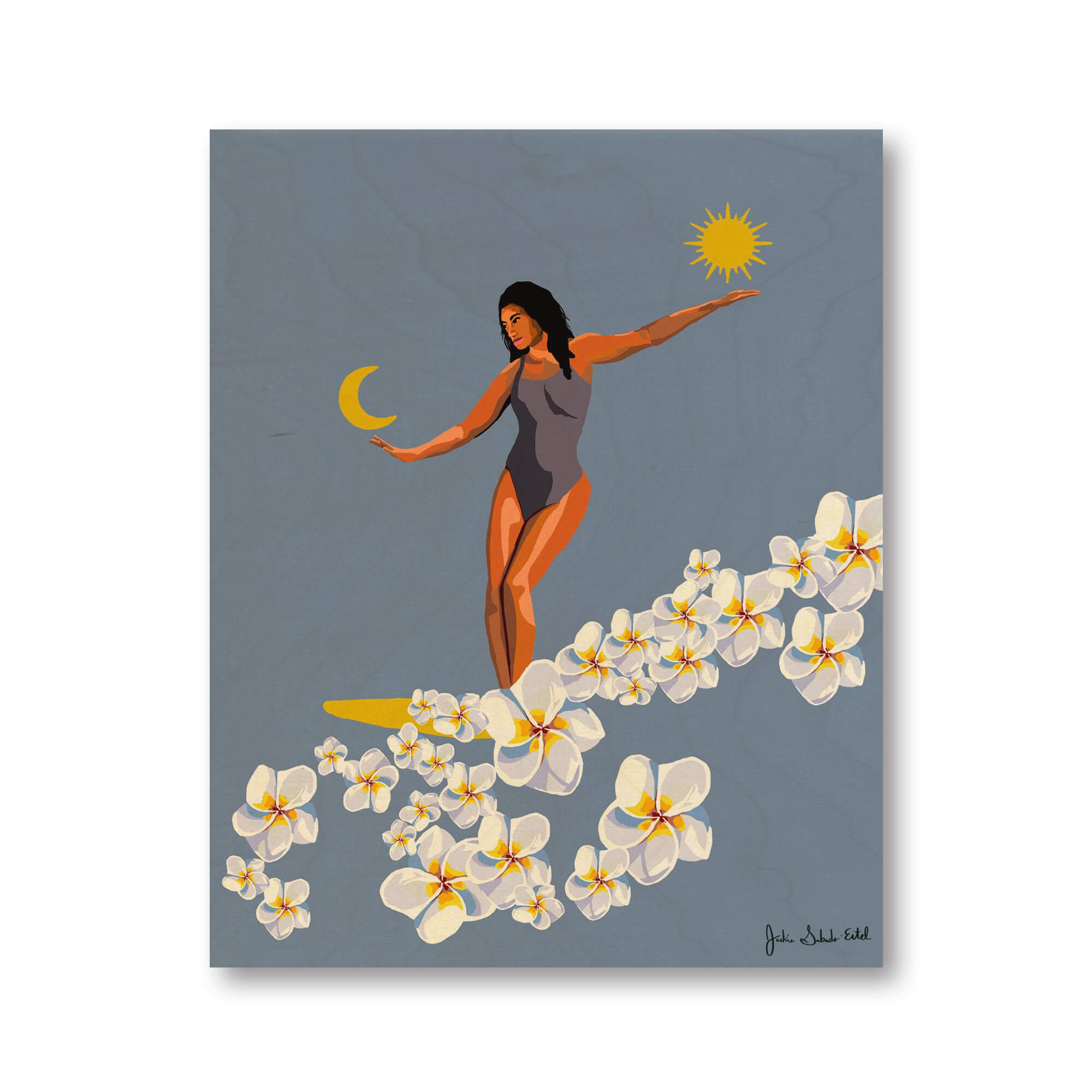 A wood art print of a woman surfing on plumeria flowers with the sun and moon on the background by Hawaii artist Jackie Eitel
