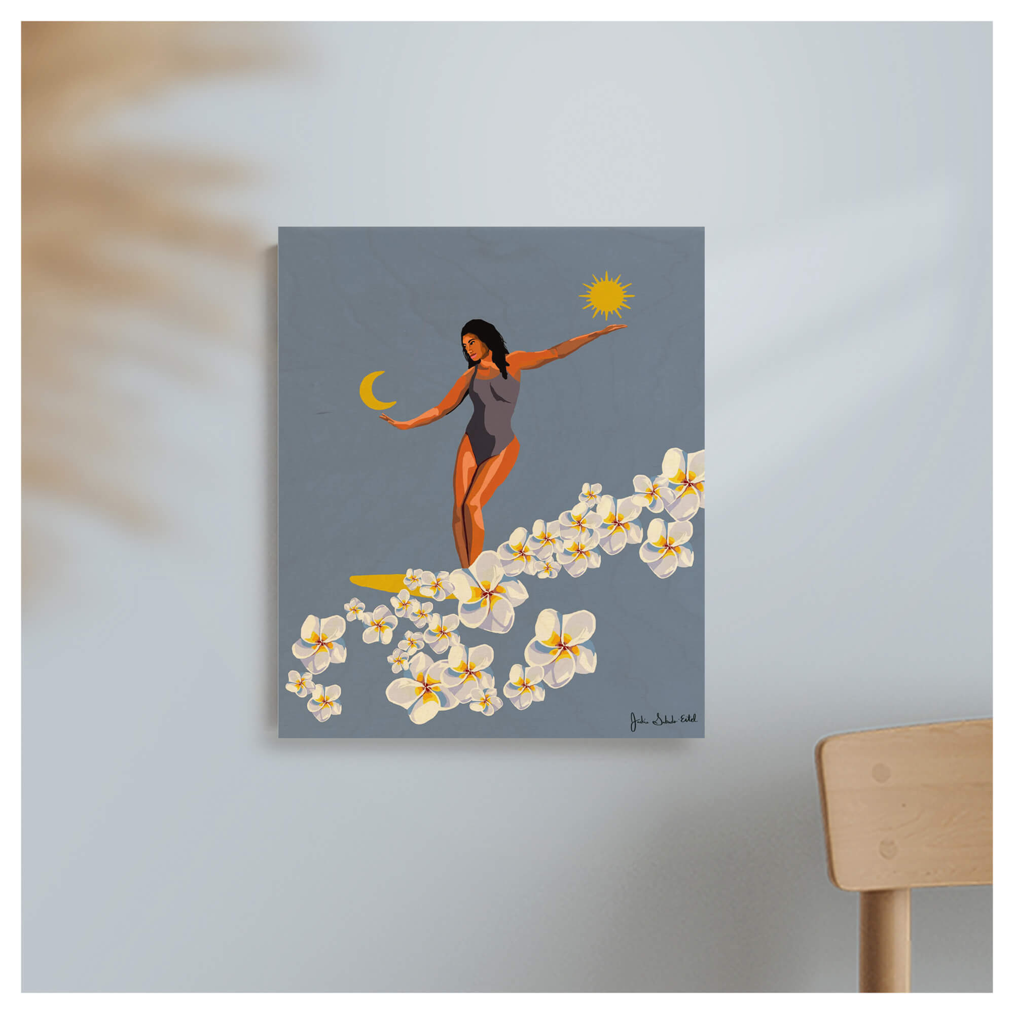 A woman on a surfboard with white plumeria flowers by Hawaii artist Jackie Eitel