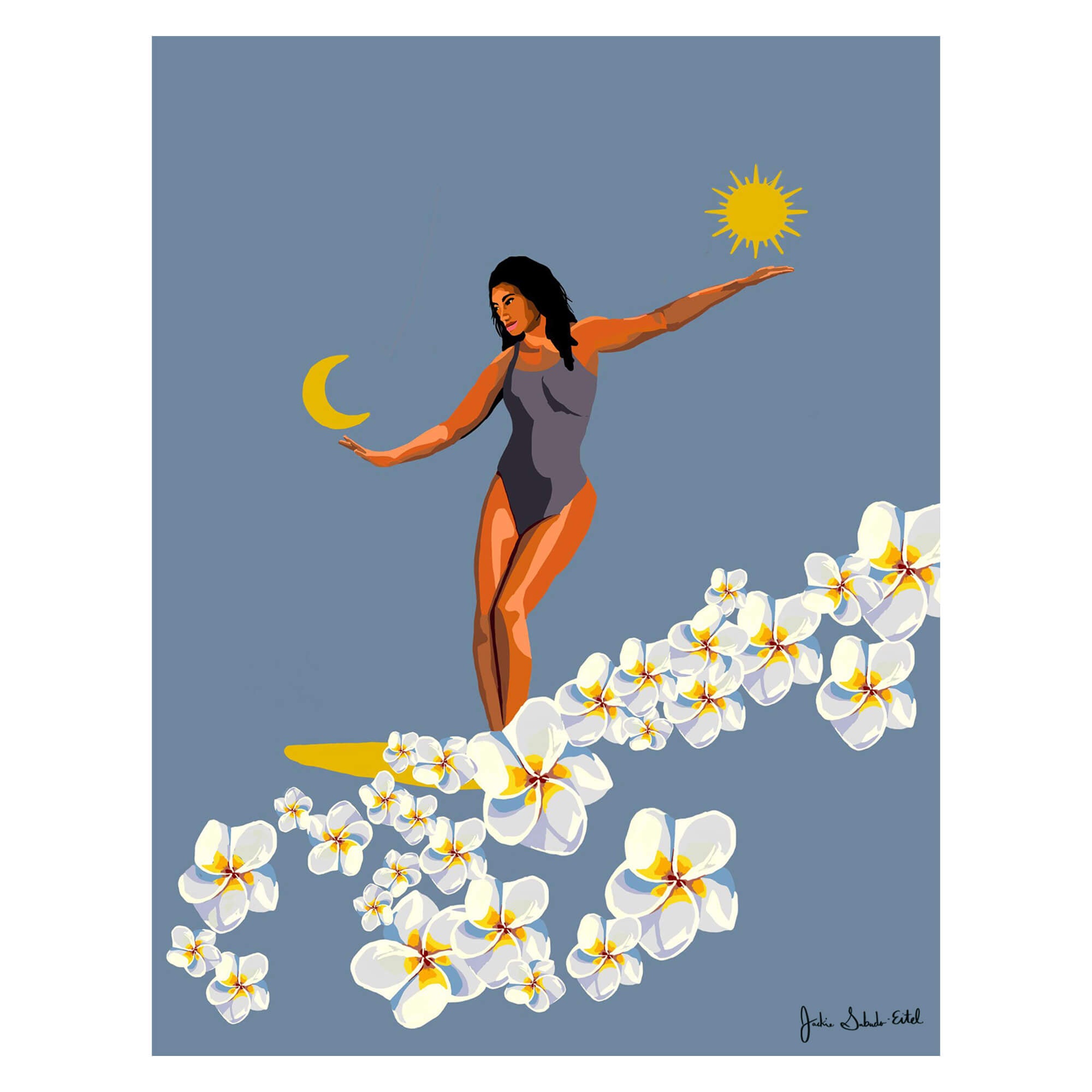 A wood art print of a woman surfing on plumeria flowers with the sun and moon on the background by Hawaii artist Jackie Eitel