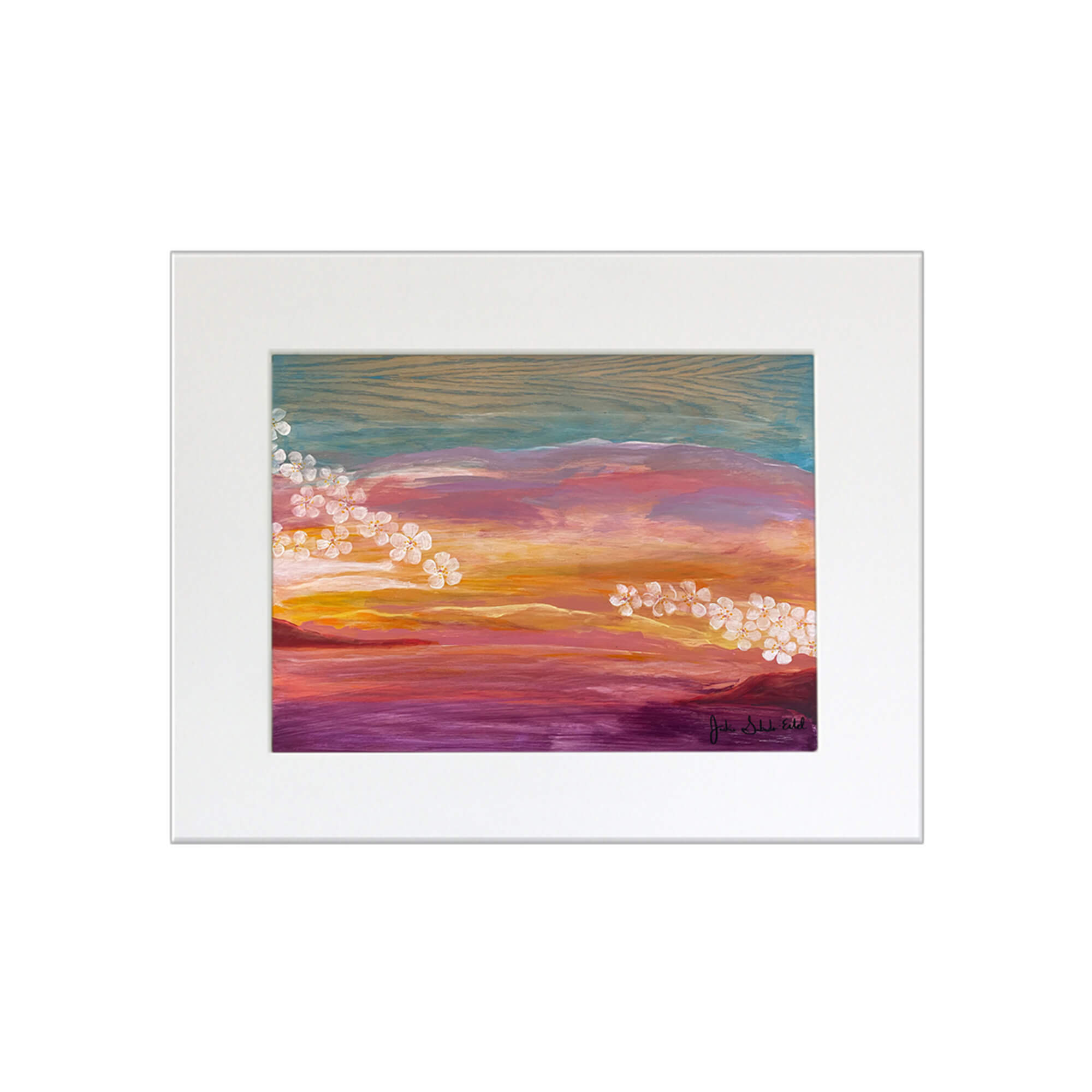 A matted art print featuring a vibrant colorful sunset and plumeria flowers by Hawaii artist Jackie Eitel