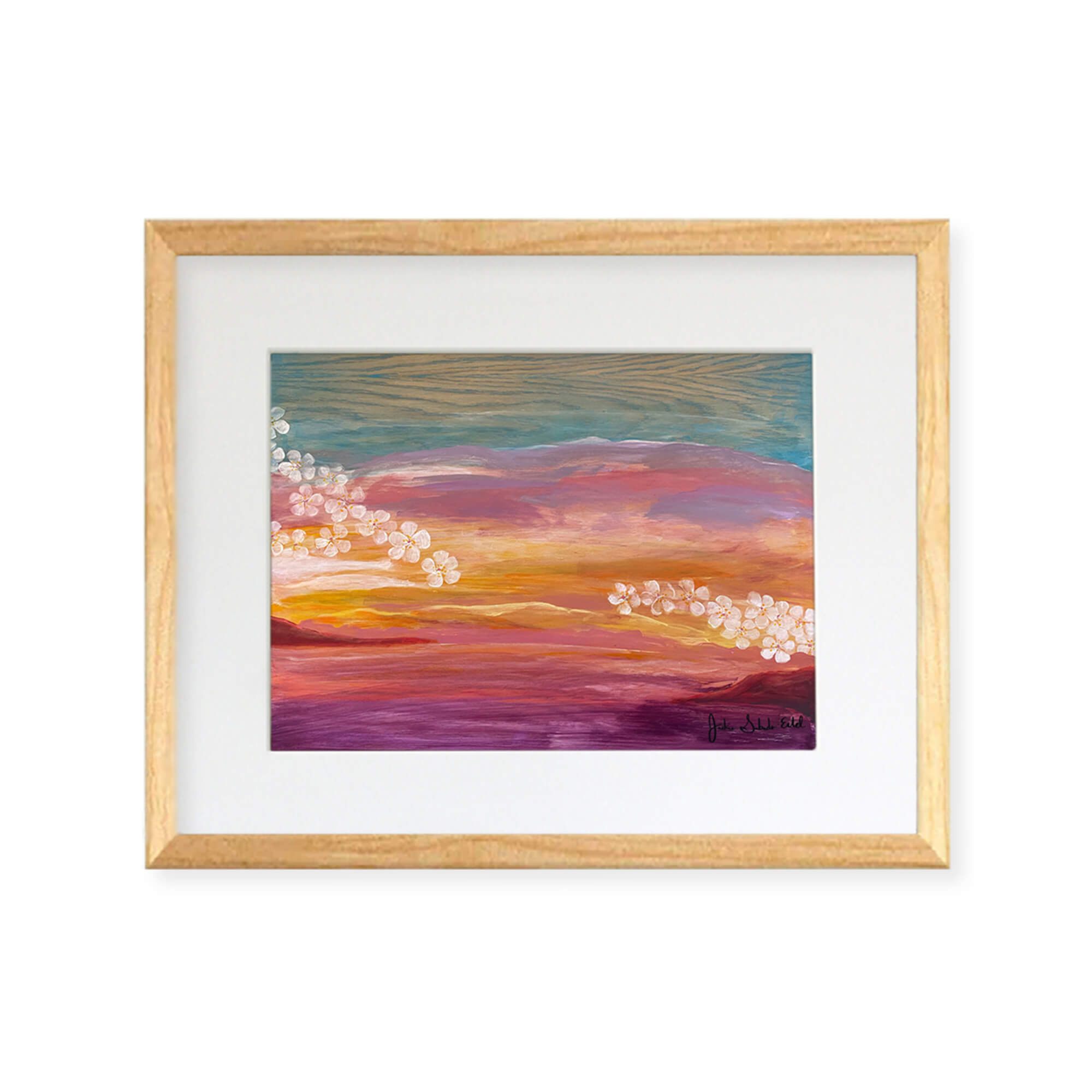 A framed matted art print featuring a vibrant colorful sunset and plumeria flowers by Hawaii artist Jackie Eitel