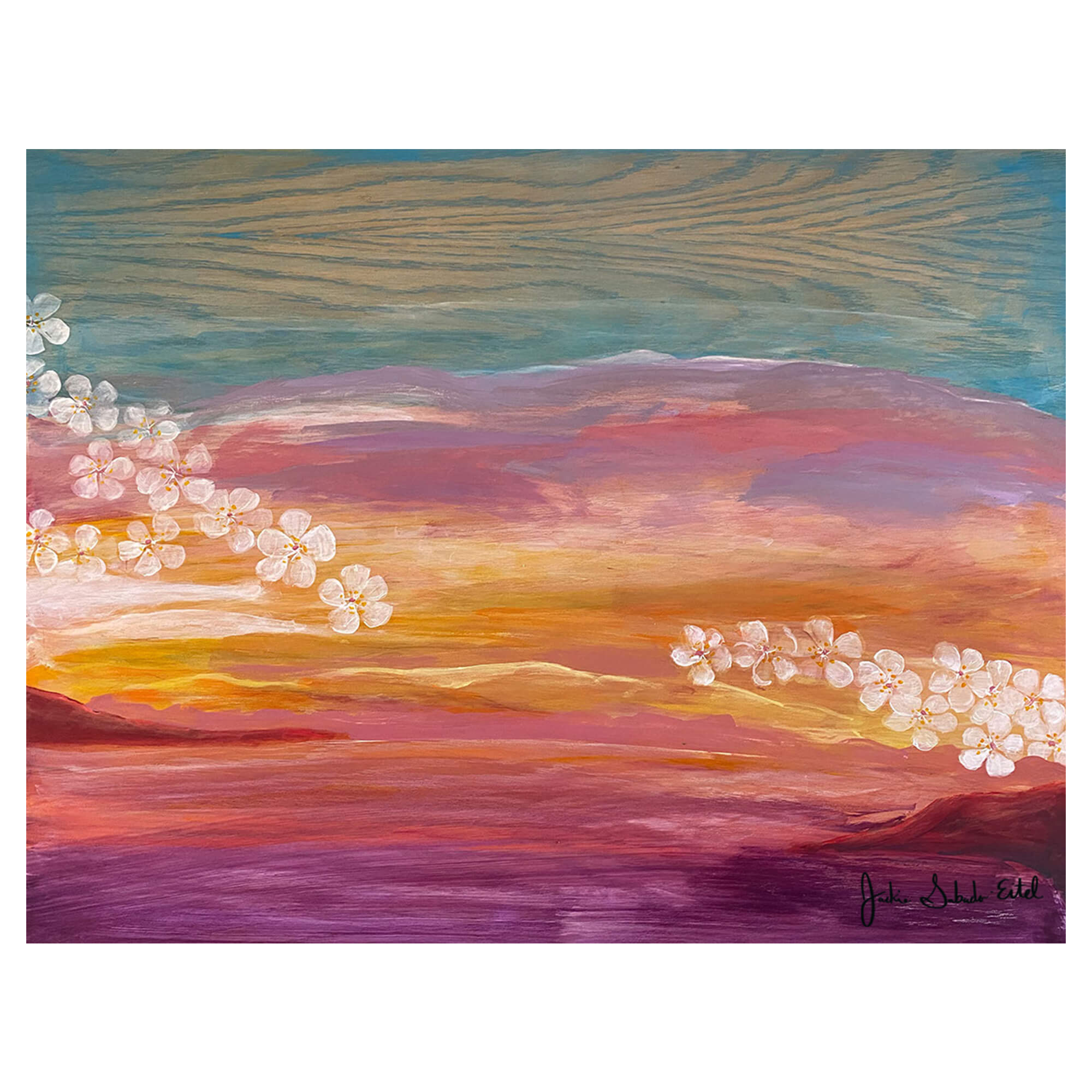 A matted art print featuring a vibrant colorful sunset and plumeria flowers by Hawaii artist Jackie Eitel