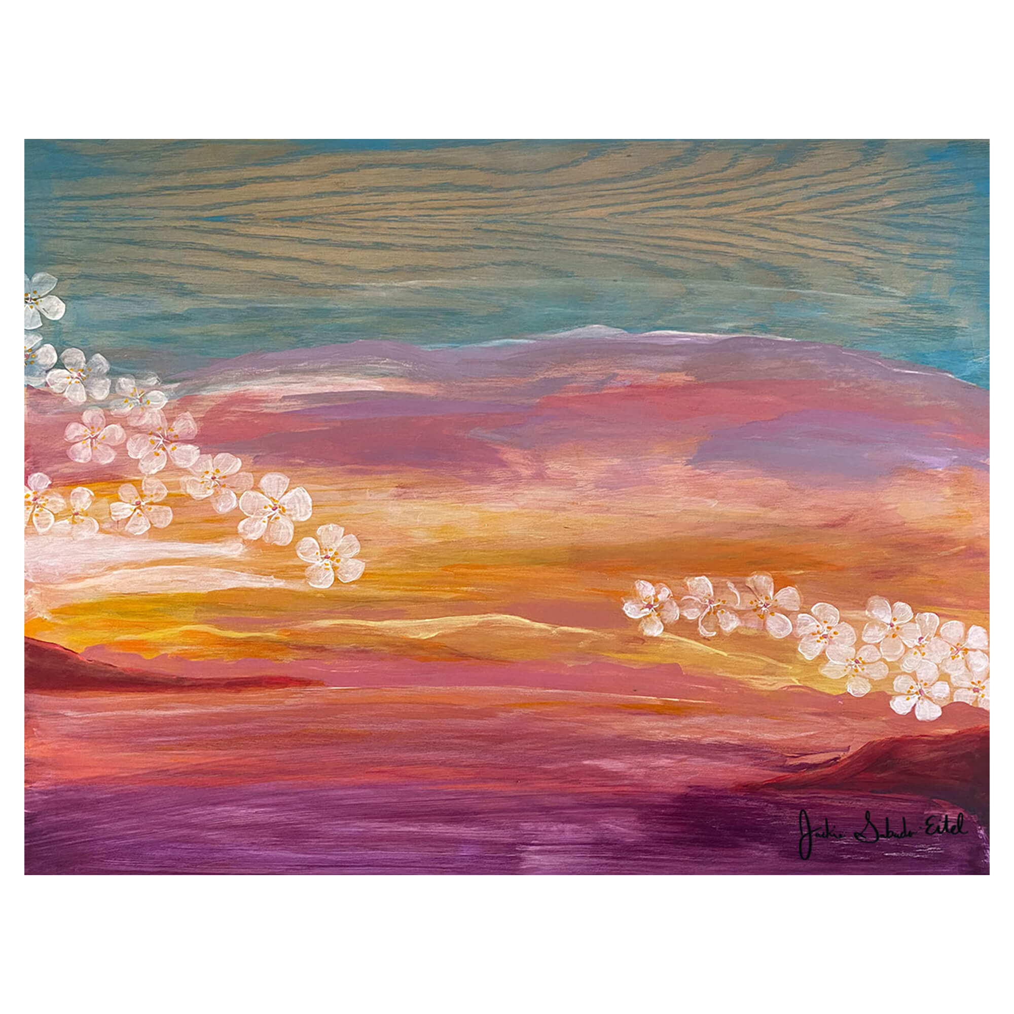 A wood print of vibrant colorful sunset and plumeria flowers by Hawaii artist Jackie Eitel