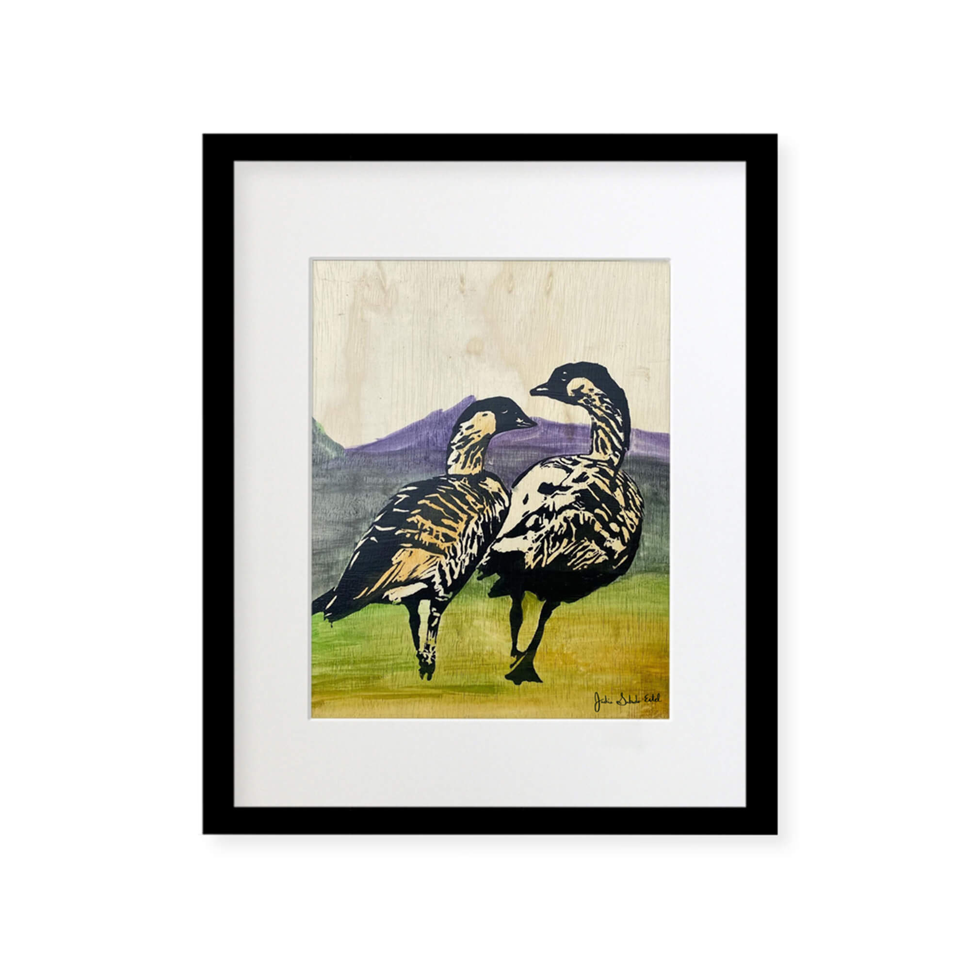 A framed matted art print featuring two ducks walking while enjoying the colorful landscapes of Hawaii by Hawaii artist Jackie Eitel