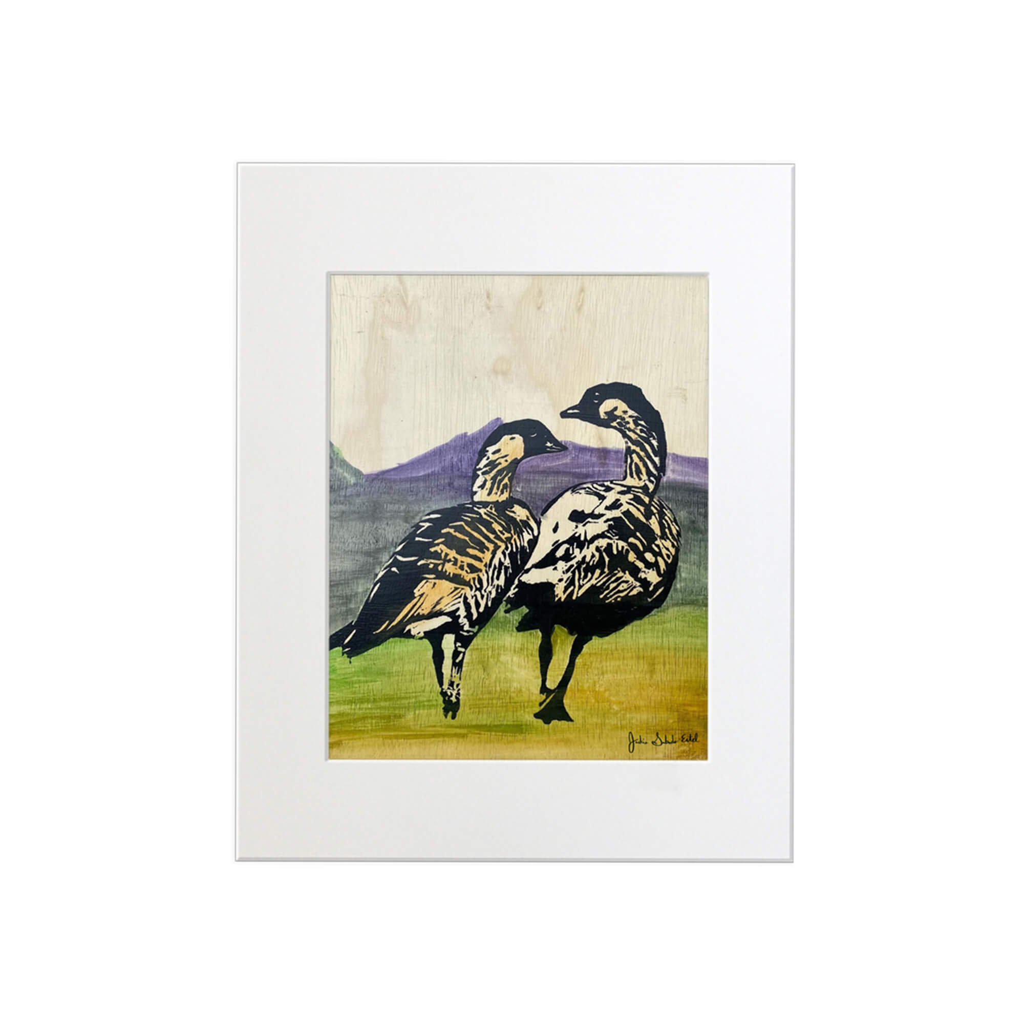 A matted art print featuring two ducks walking while enjoying the colorful landscapes of Hawaii by Hawaii artist Jackie Eitel