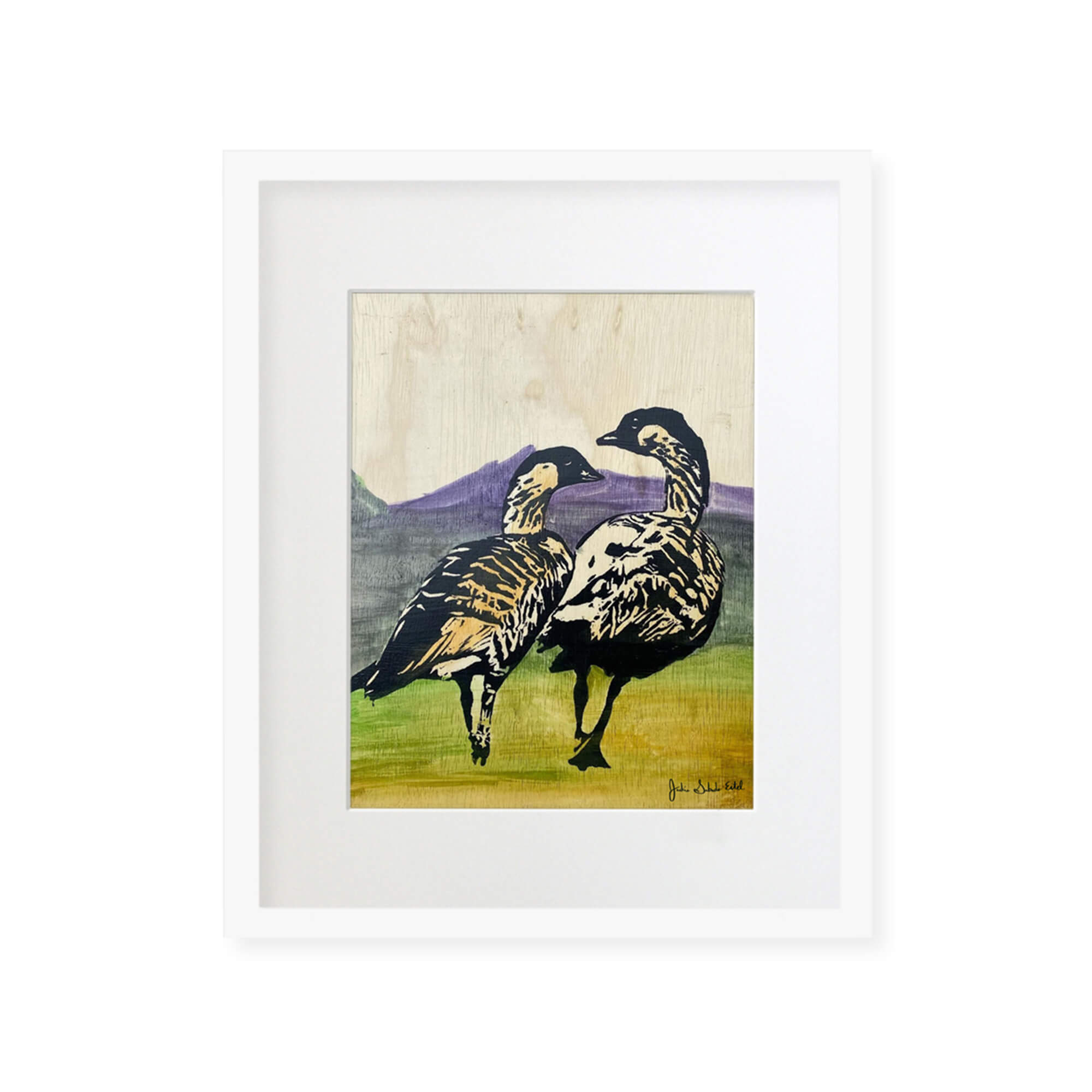 A framed matted art print featuring two ducks walking while enjoying the colorful landscapes of Hawaii by Hawaii artist Jackie Eitel