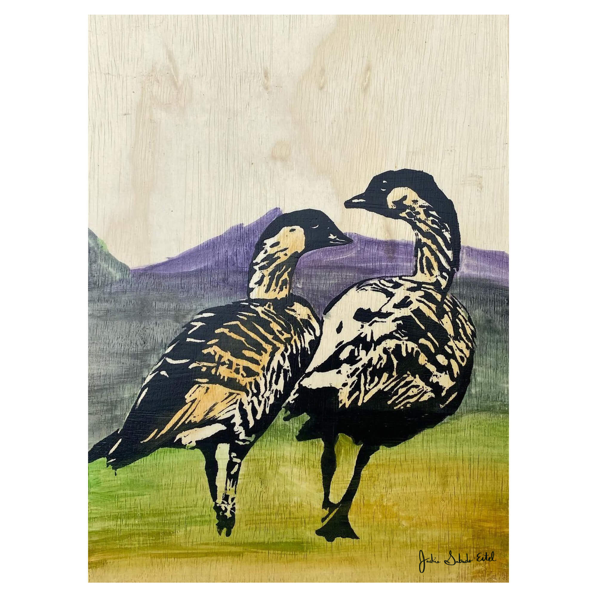 A matted art print featuring two ducks walking while enjoying the colorful landscapes of Hawaii by Hawaii artist Jackie Eitel