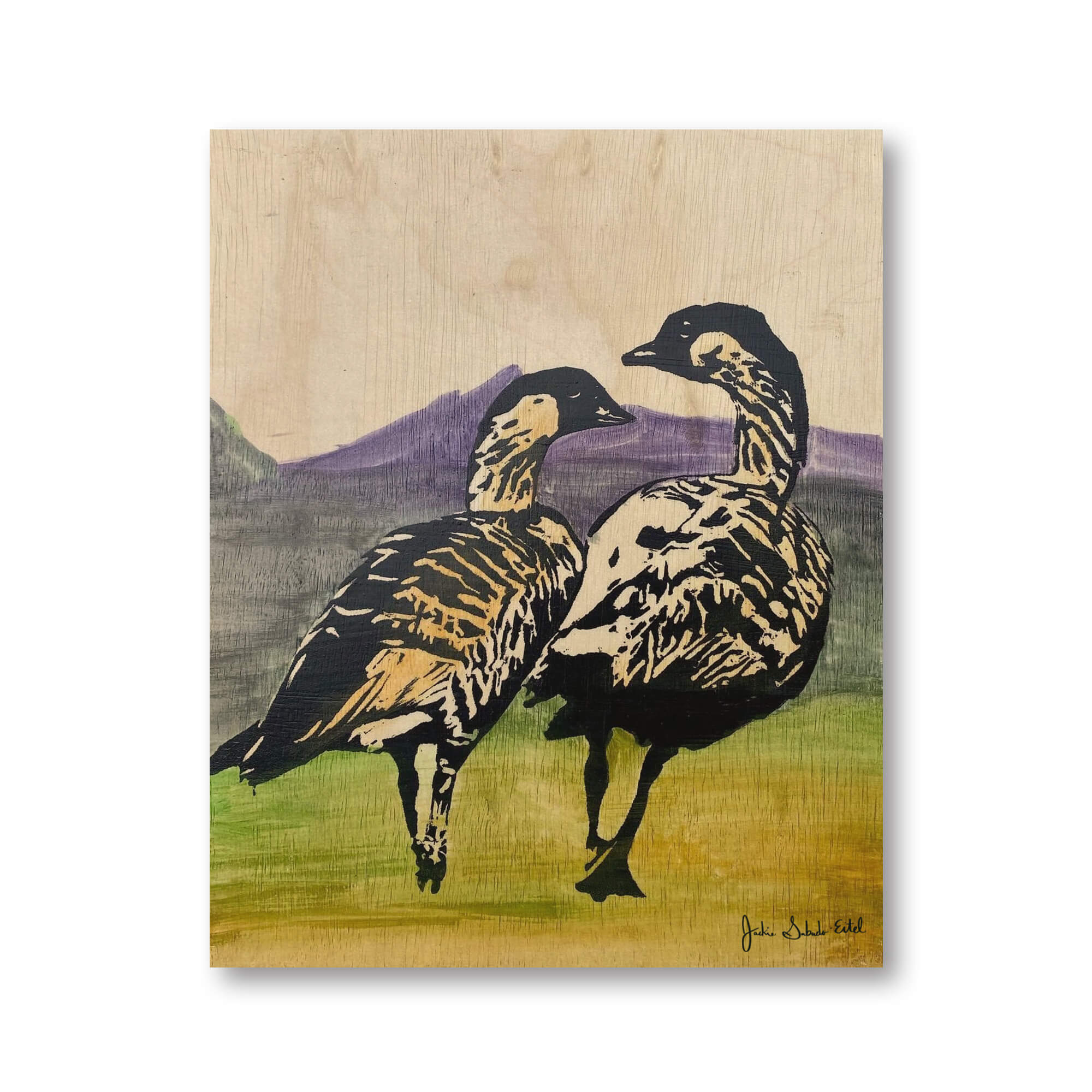 A wood print of two ducks walking while enjoying the colorful landscapes of Hawaii by Hawaii artist Jackie Eitel