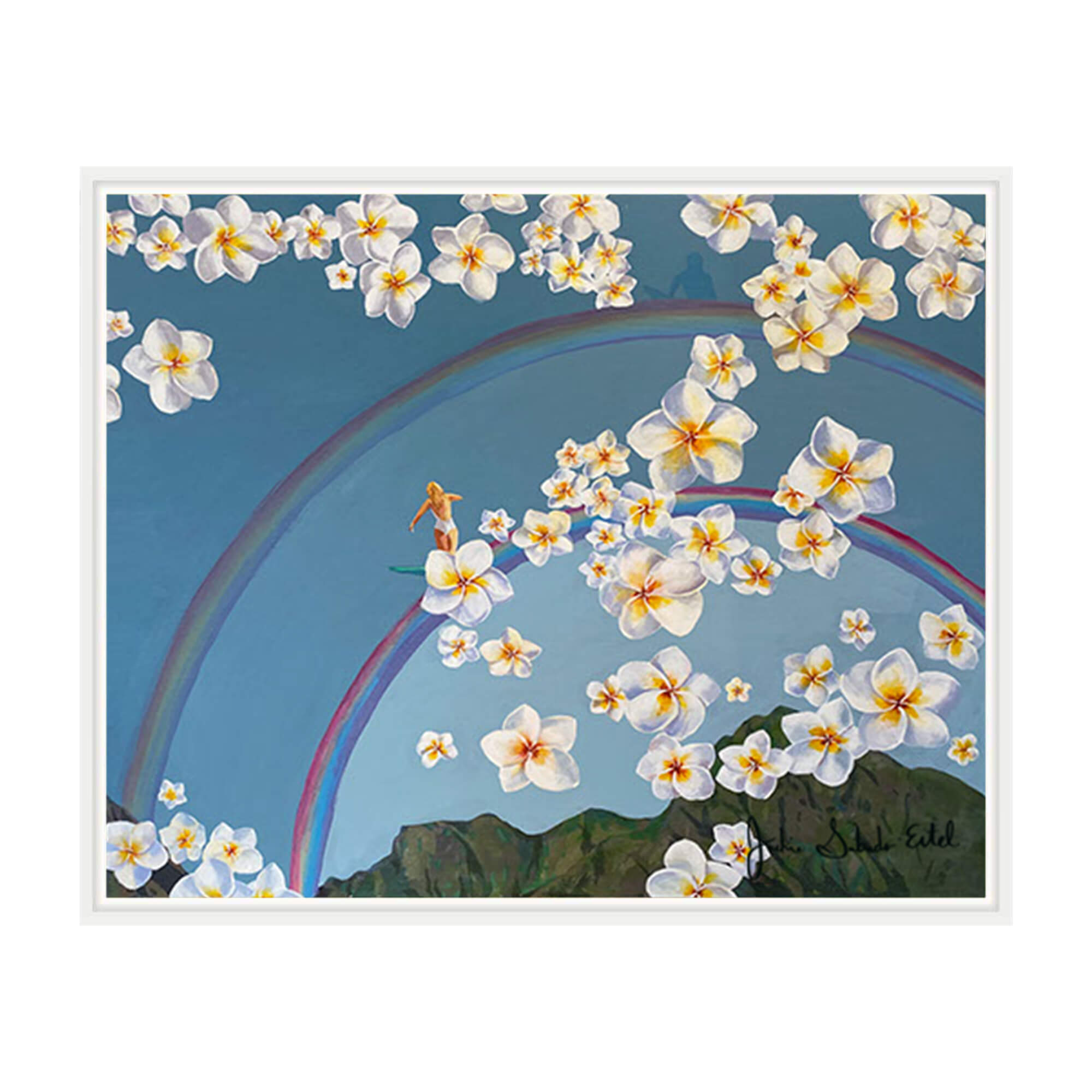 A framed canvas giclée print featuring a woman surfing on a rainbow above the mountains of Hawaii framed by plumeria flowers by Hawaii artist Jackie Eitel