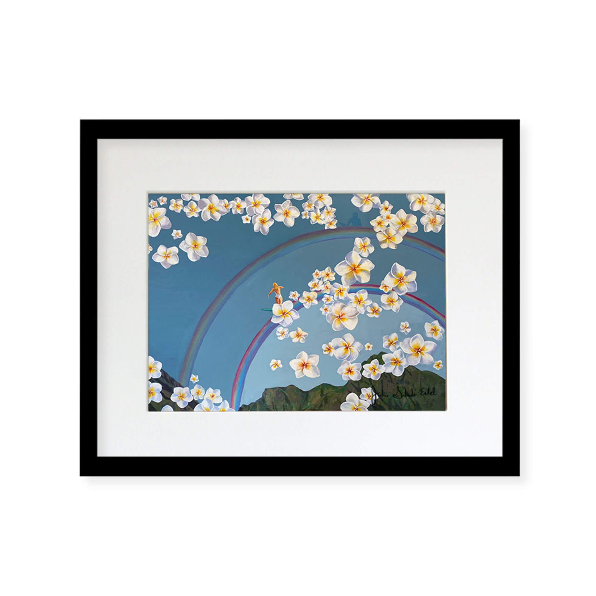 A framed matted art print featuring a woman surfing on a rainbow above the mountains of Hawaii framed by plumeria flowers by Hawaii artist Jackie Eitel