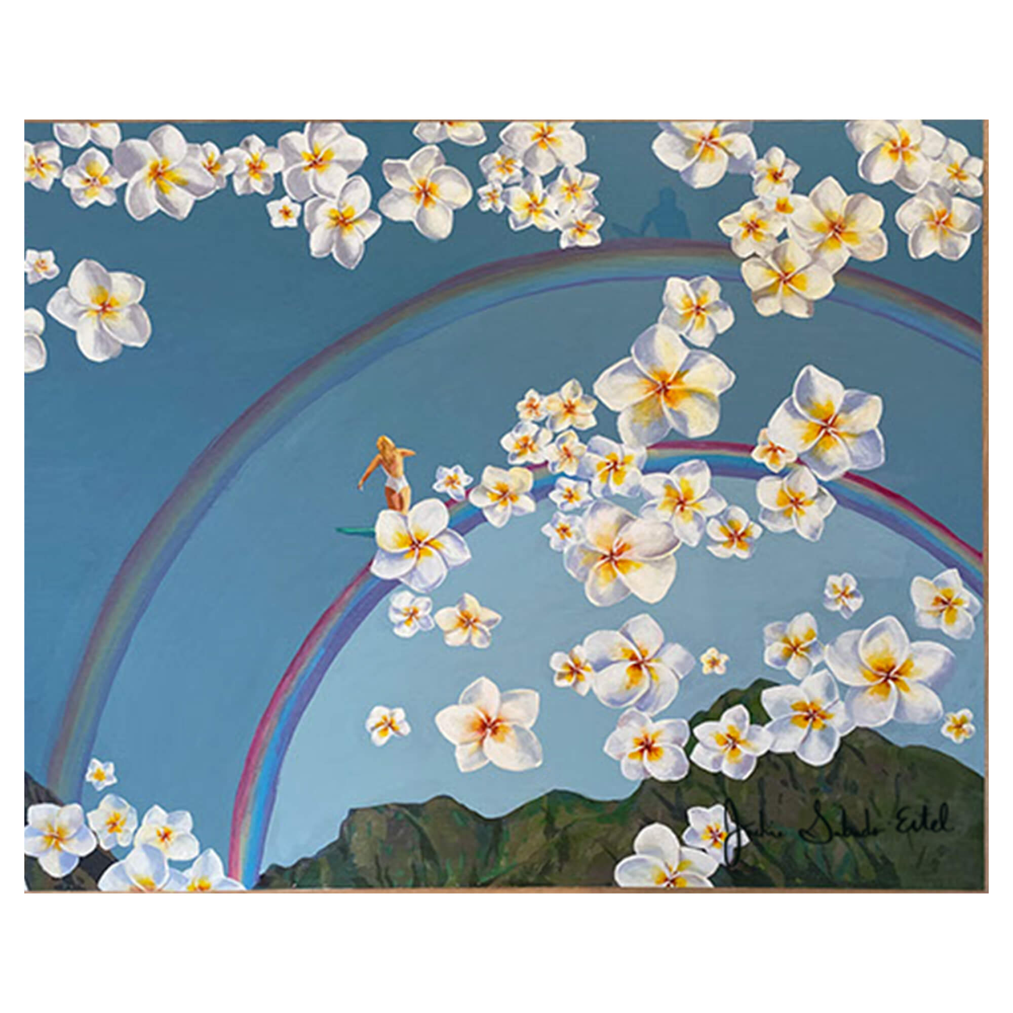 A matted art print featuring a woman surfing on a rainbow above the mountains of Hawaii framed by plumeria flowers by Hawaii artist Jackie Eitel