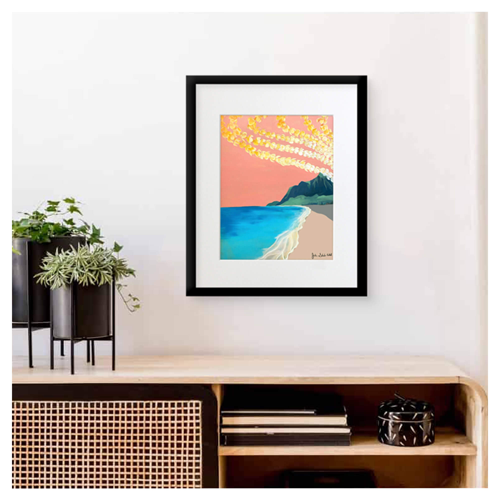 A framed matted art print featuring a beautiful landscape of Hawaii with lei above by Hawaii artist Jackie Eitel
