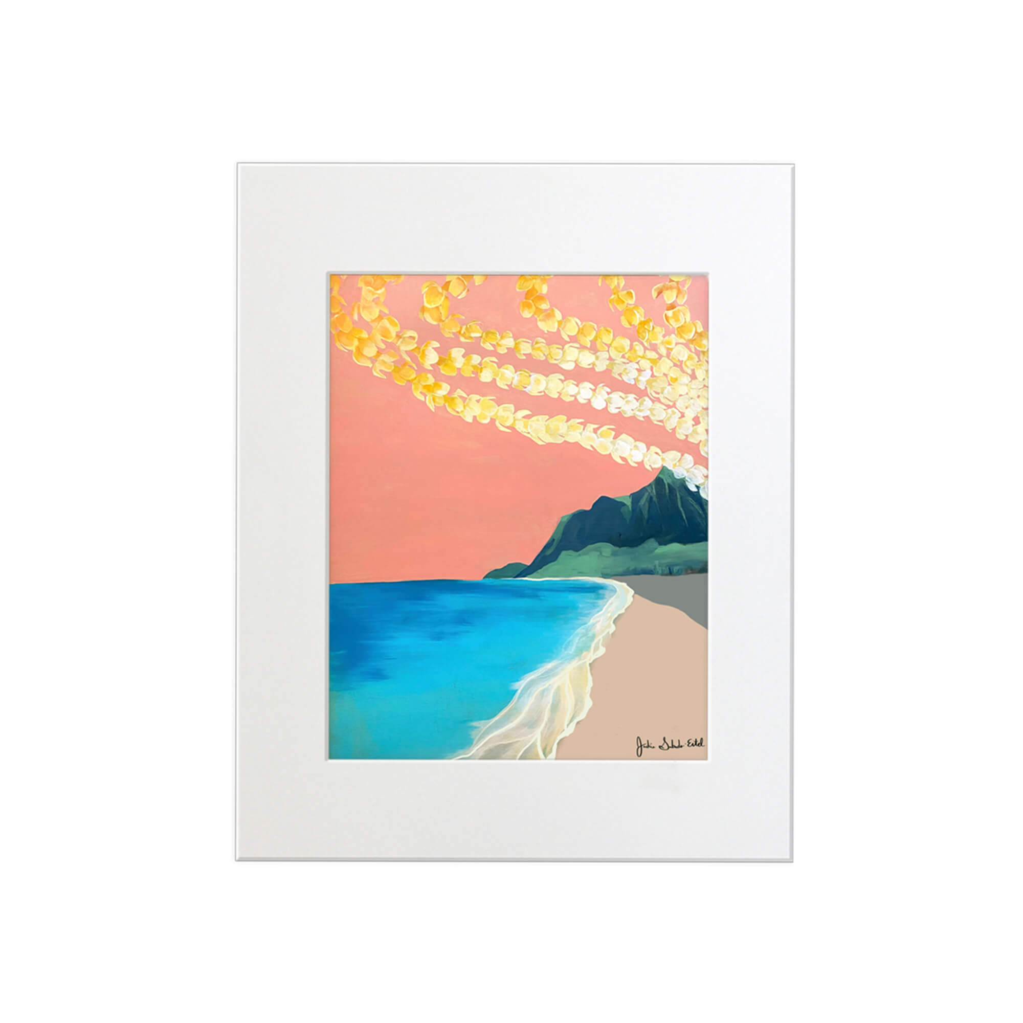 A matted art print featuring a beautiful landscape of Hawaii with lei above by Hawaii artist Jackie Eitel