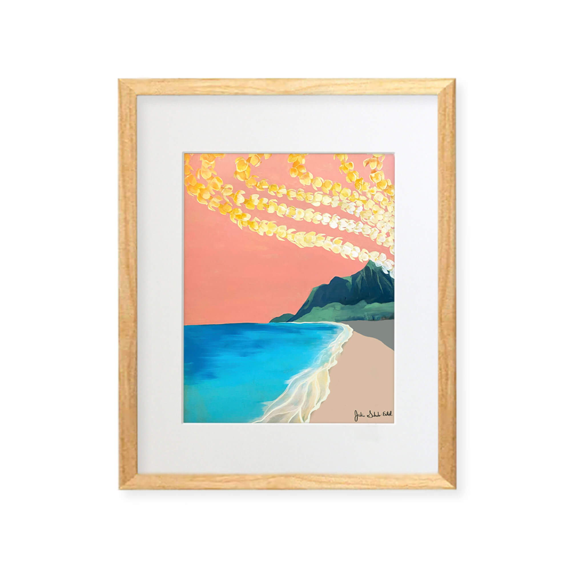 A framed matted art print featuring a beautiful landscape of Hawaii with lei above by Hawaii artist Jackie Eitel