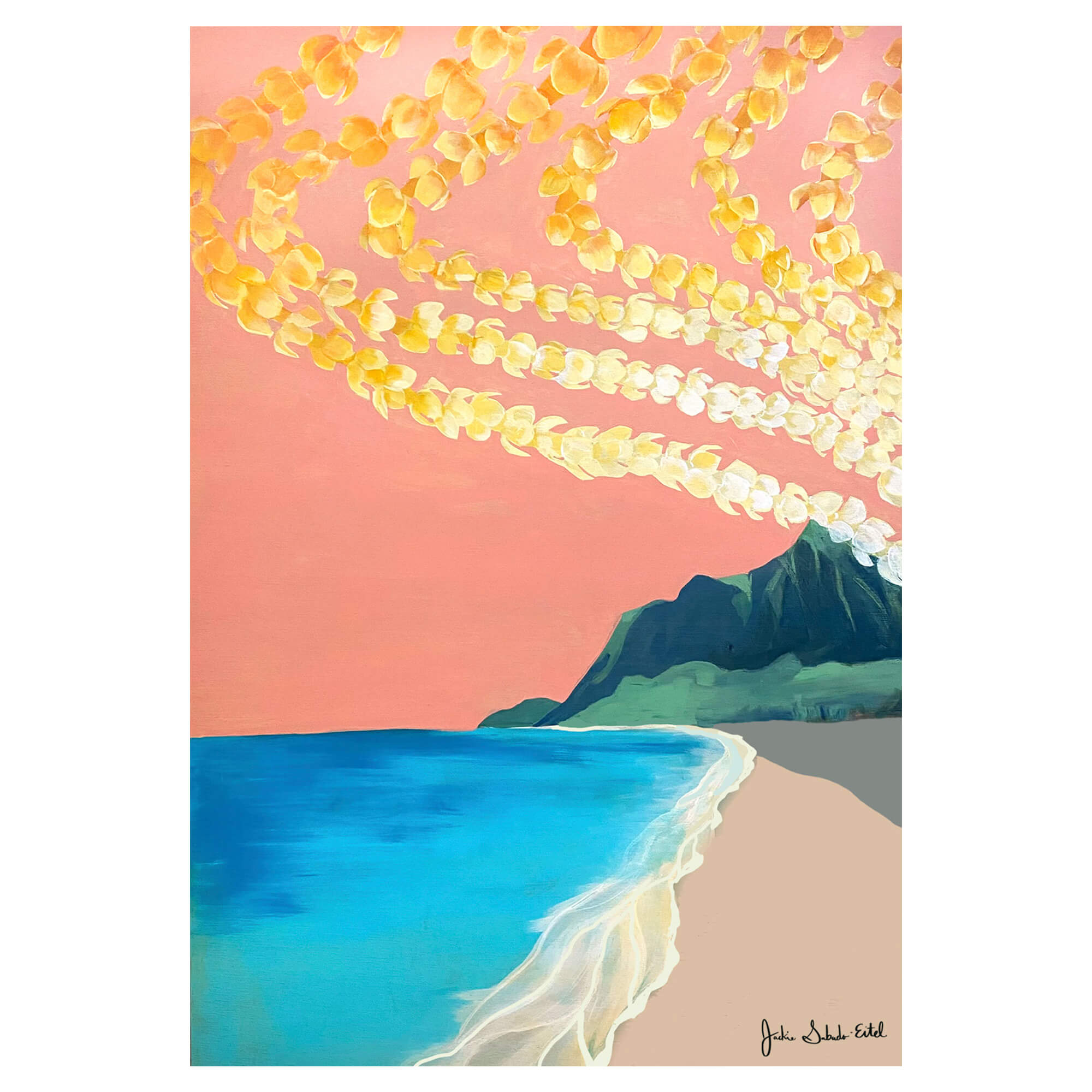 A wood print of a beautiful landscape of Hawaii with lei above by Hawaii artist Jackie Eitel