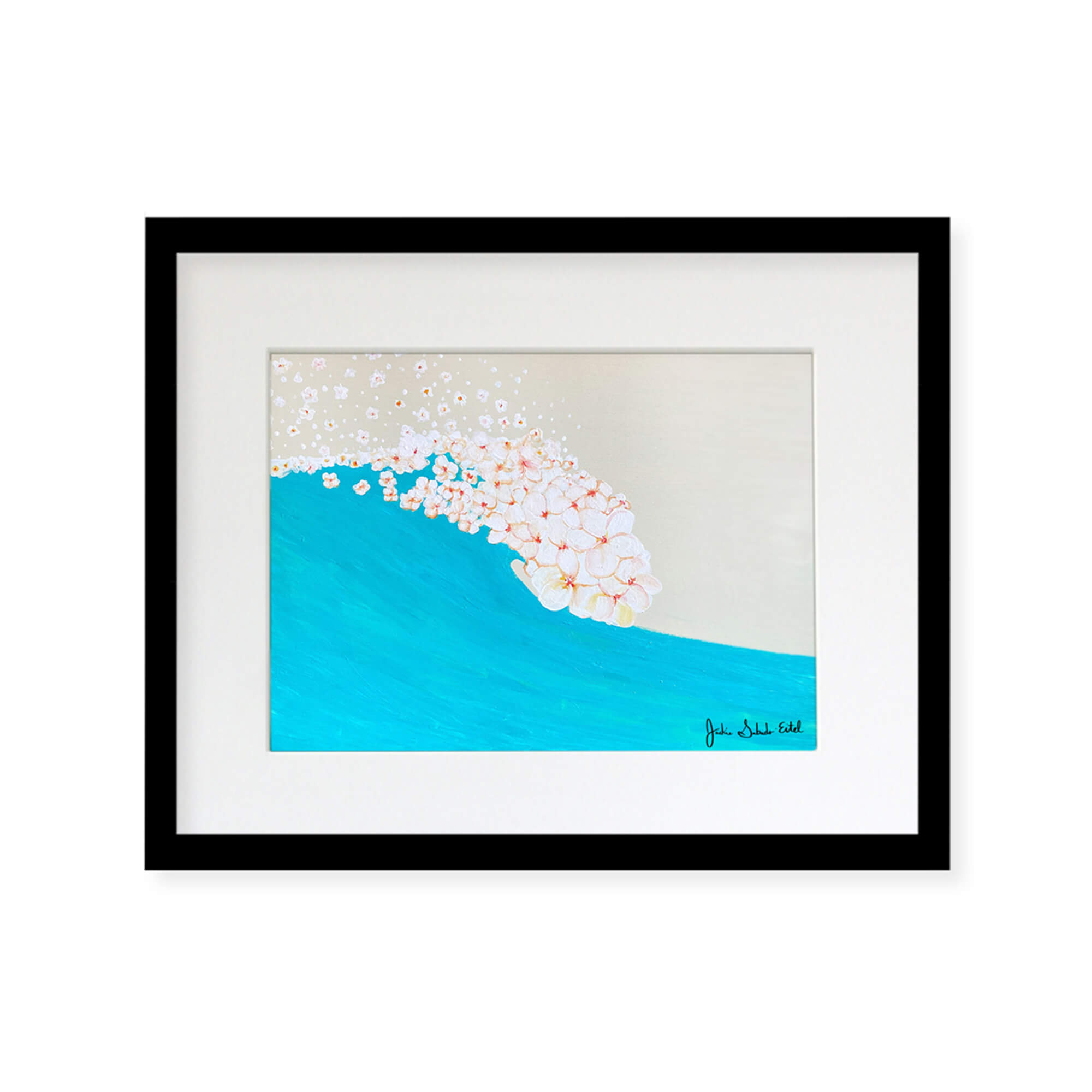 A framed matted art print featuring a top view of a shore with plumeria flowers as waves by Hawaii artist Jackie Eitel