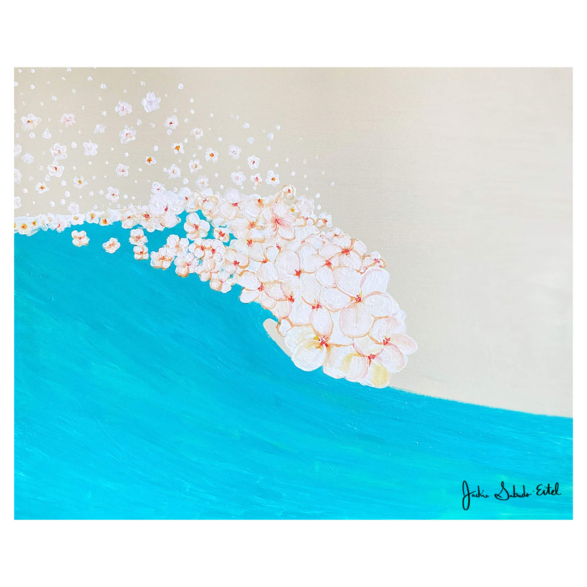 A matted art print featuring a top view of a shore with plumeria flowers as waves by Hawaii artist Jackie Eitel