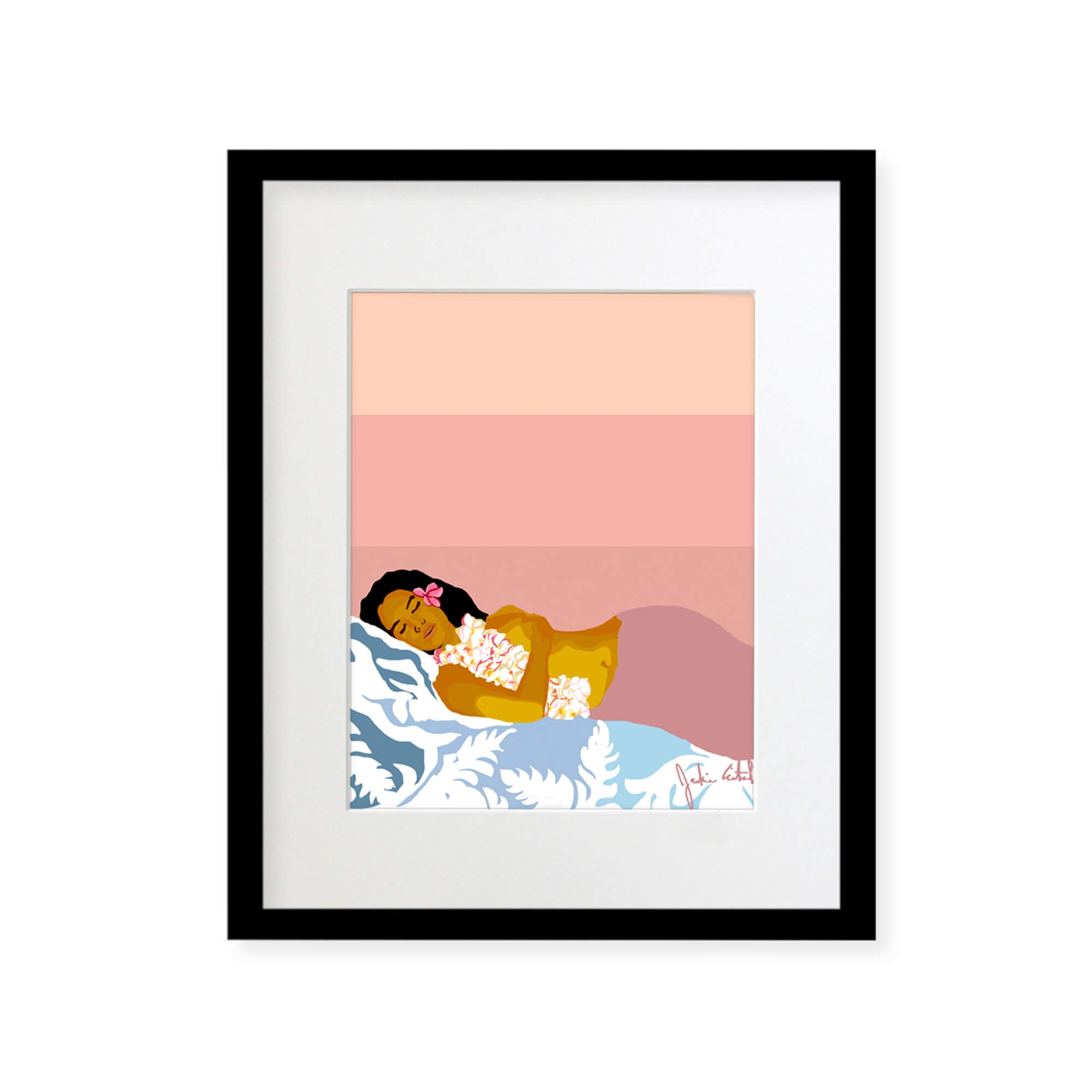 A framed matted art print featuring a local Hawaiian woman wearing a flower lei while sleeping peacefully by Hawaii artist Jackie Eitel