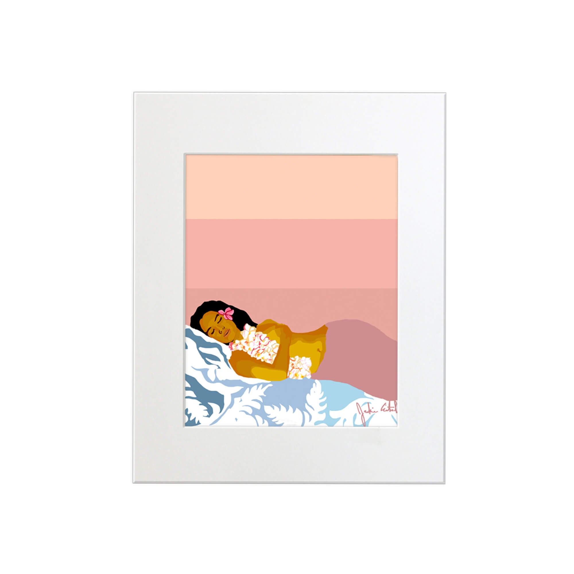 A matted art print featuring a local Hawaiian woman wearing a flower lei while sleeping peacefully by Hawaii artist Jackie Eitel