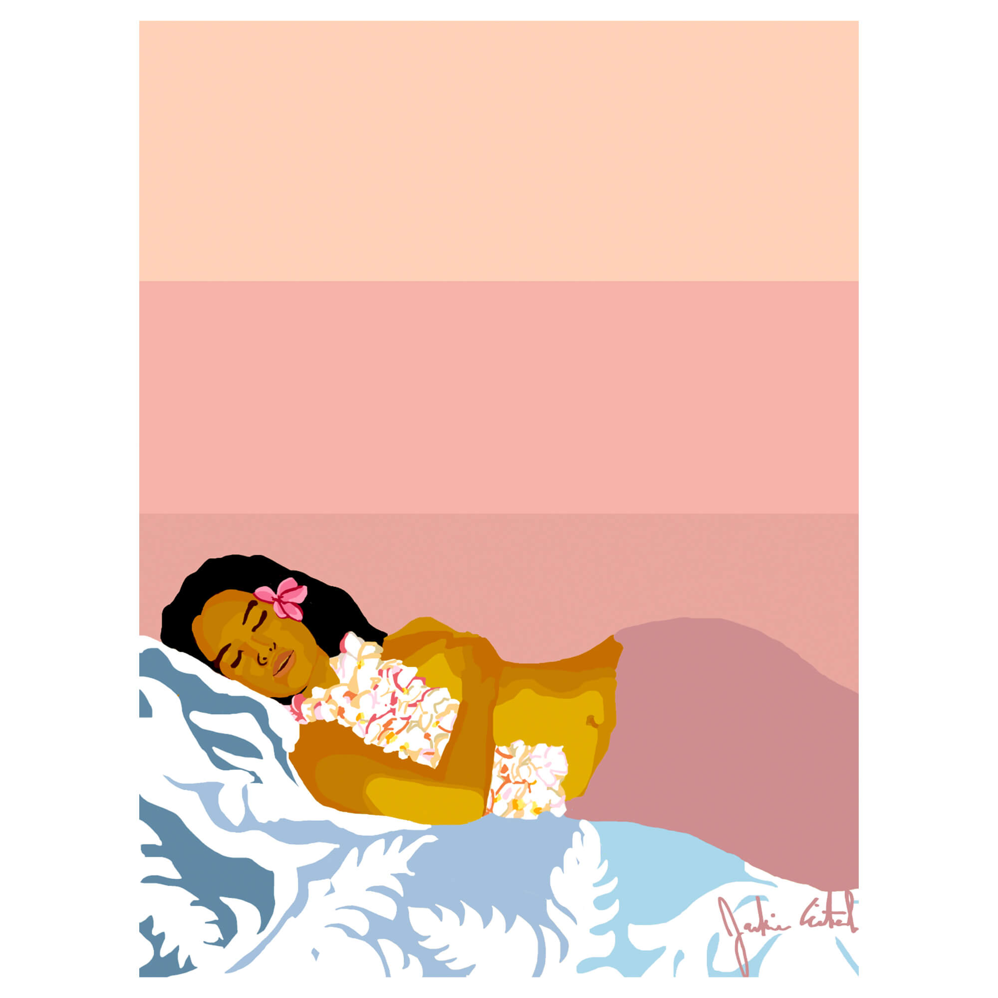 A matted art print featuring a local Hawaiian woman wearing a flower lei while sleeping peacefully by Hawaii artist Jackie Eitel