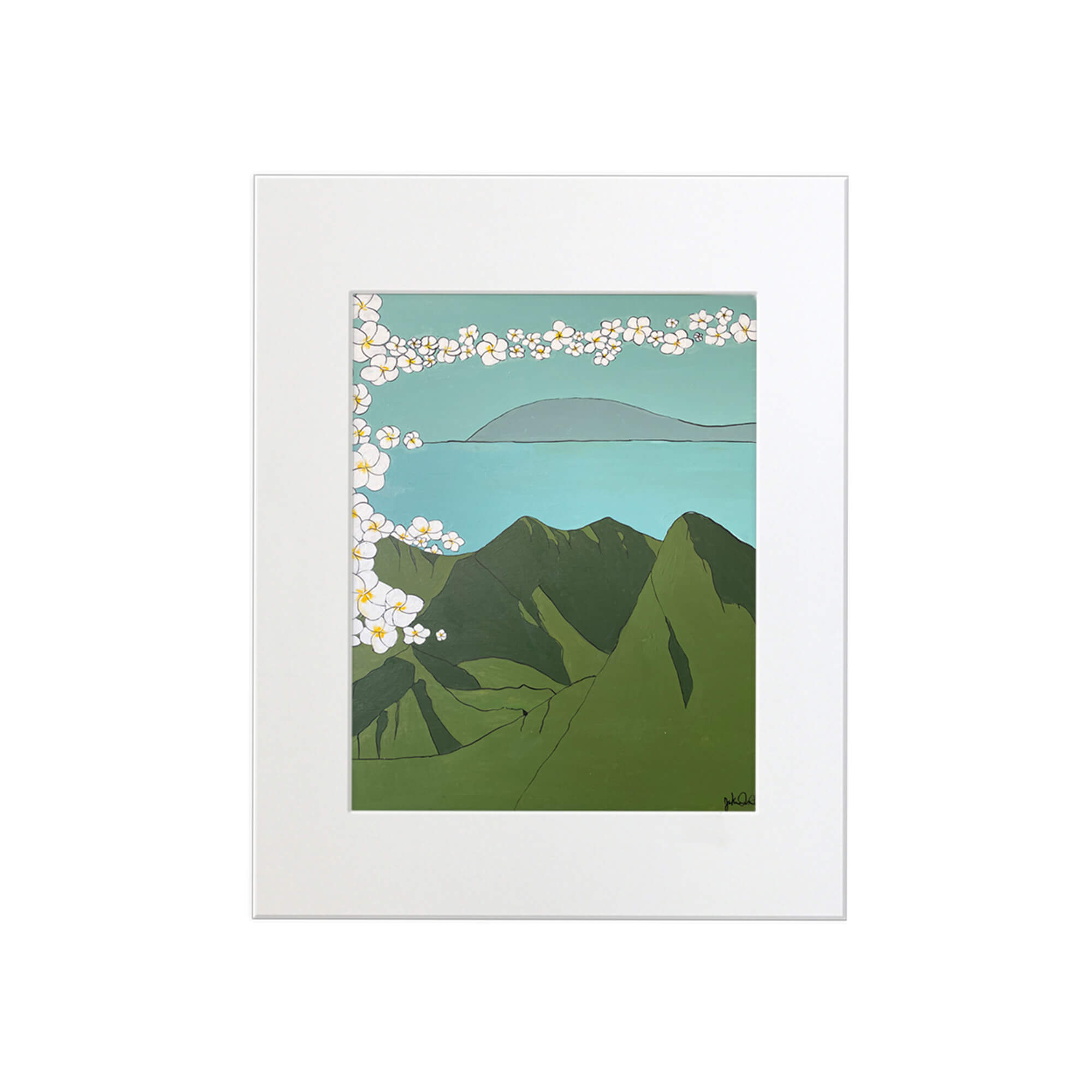 A matted art print featuring the beautiful mountains of Hawaii with plumeria flowers by Hawaii artist Jackie Eitel