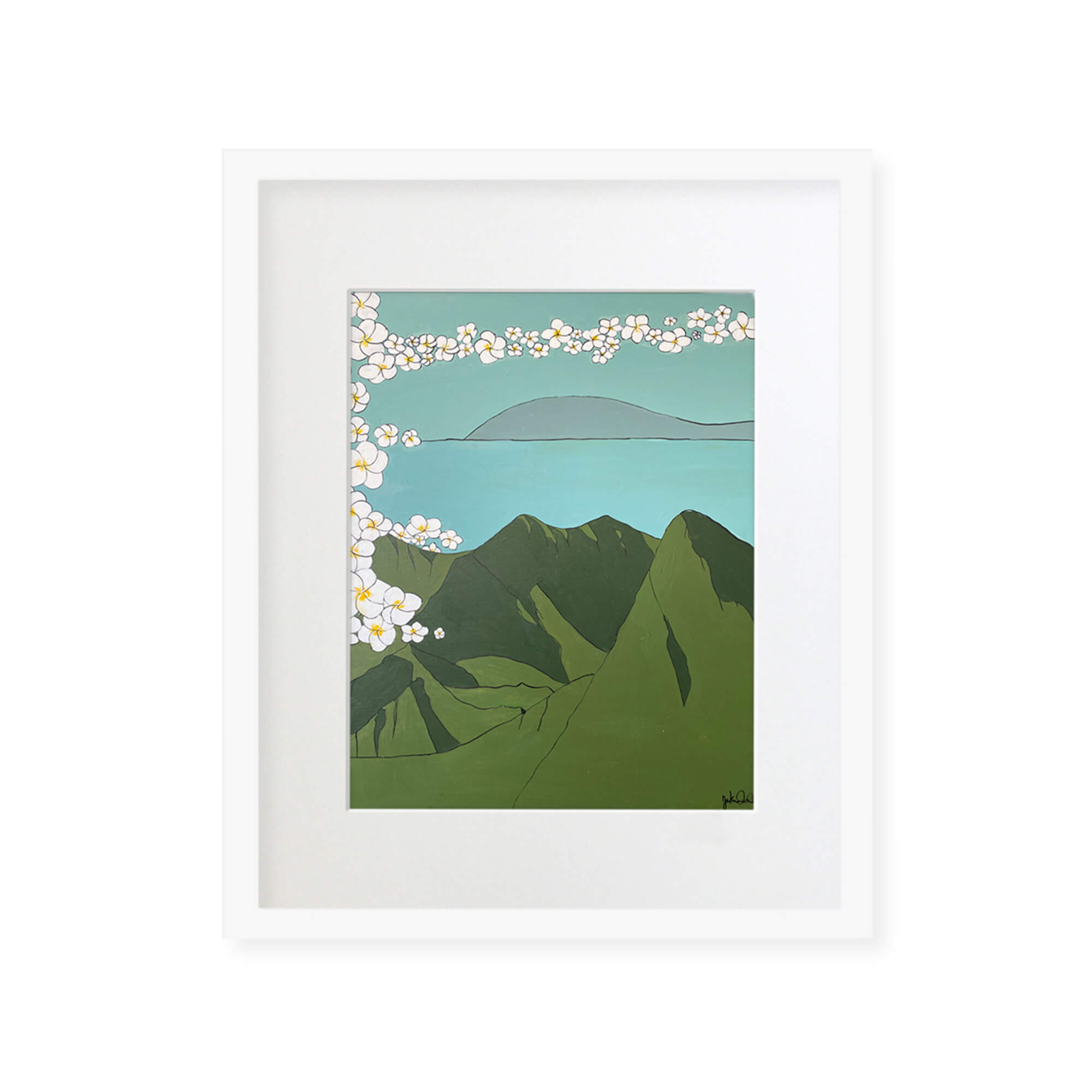 A framed matted art print featuring the beautiful mountains of Hawaii with plumeria flowers by Hawaii artist Jackie Eitel