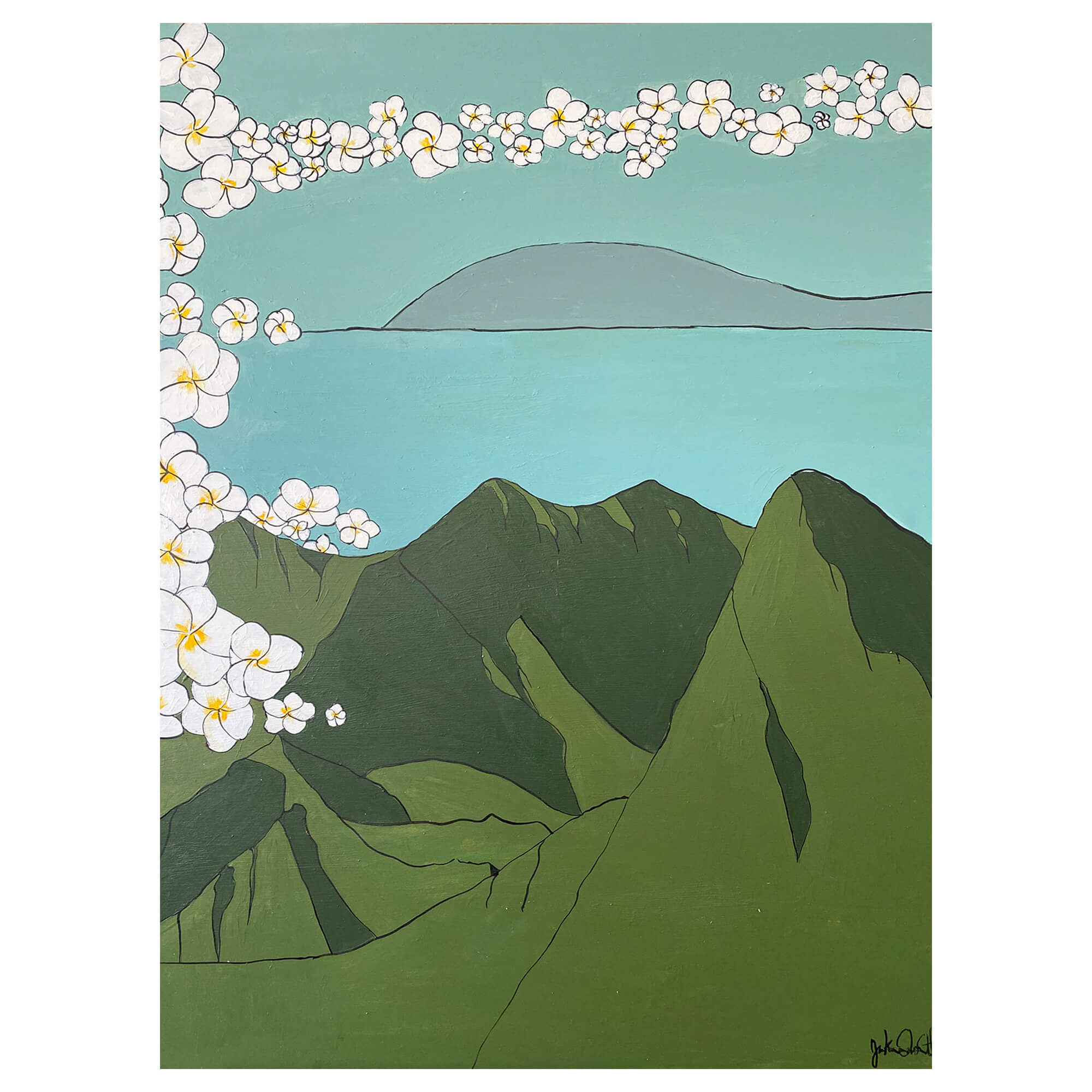 A matted art print featuring the beautiful mountains of Hawaii with plumeria flowers by Hawaii artist Jackie Eitel