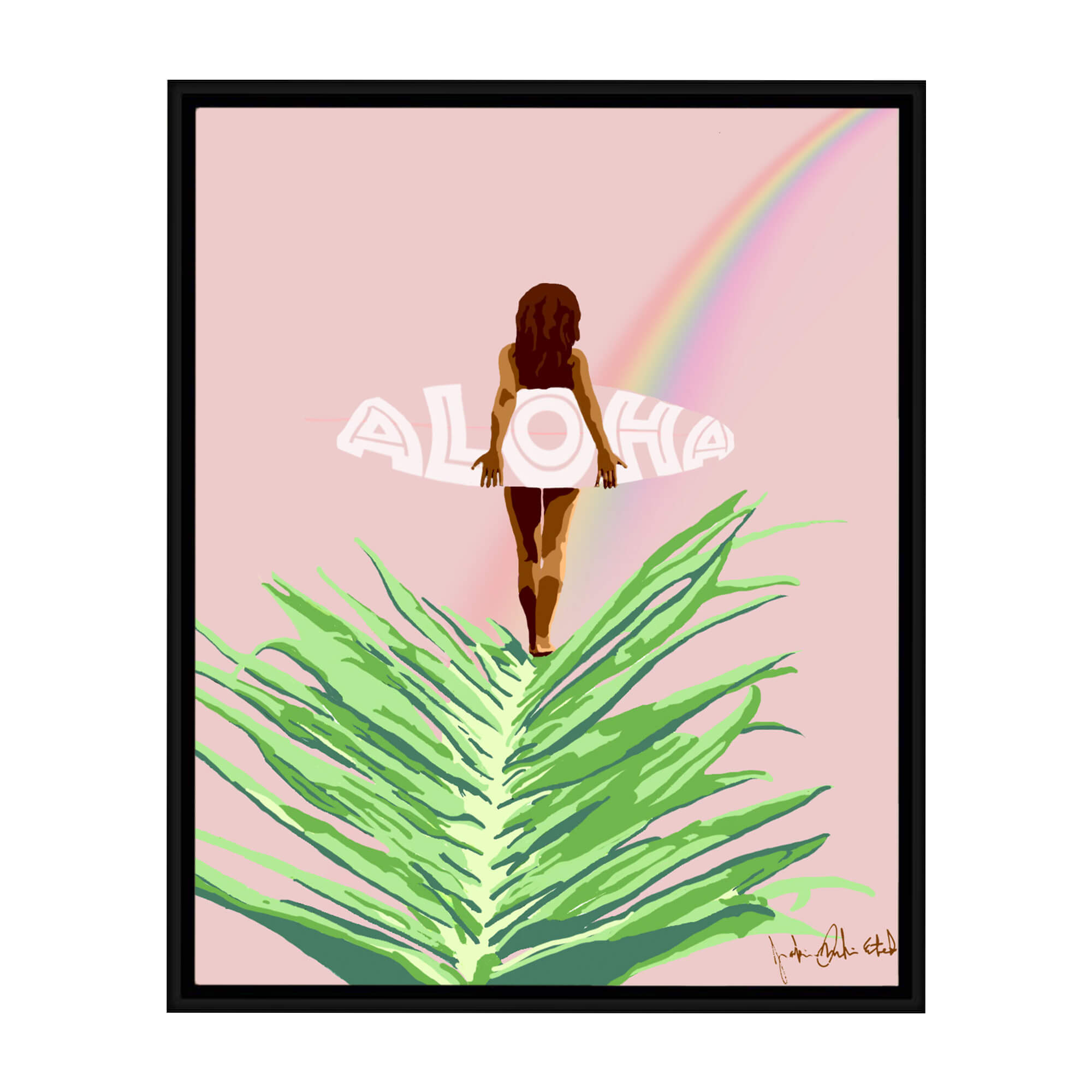 A framed canvas giclée print featuring a woman holding a surfboard following a beautiful rainbow on a pastel pink background by Hawaii artist Jackie Eitel