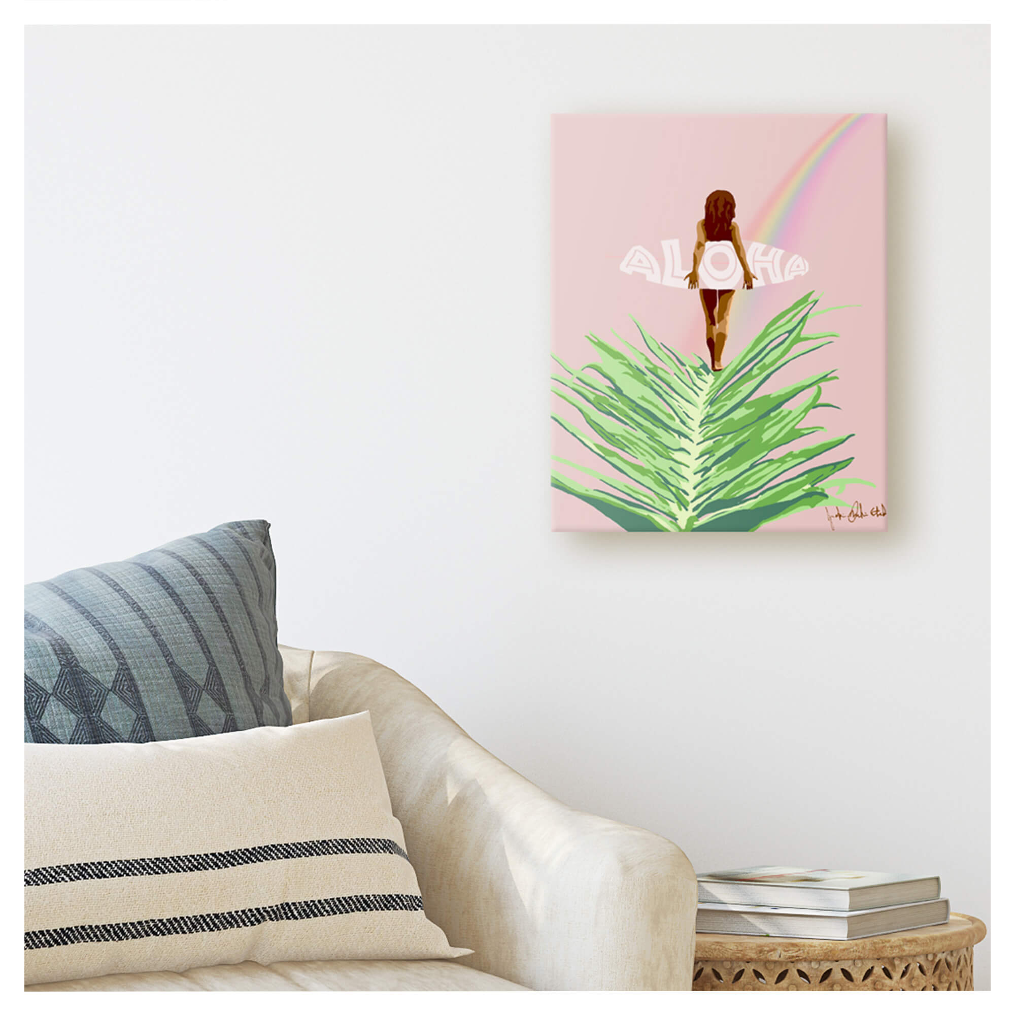 A canvas giclée print featuring a woman holding a surfboard following a beautiful rainbow on a pastel pink background by Hawaii artist Jackie Eitel