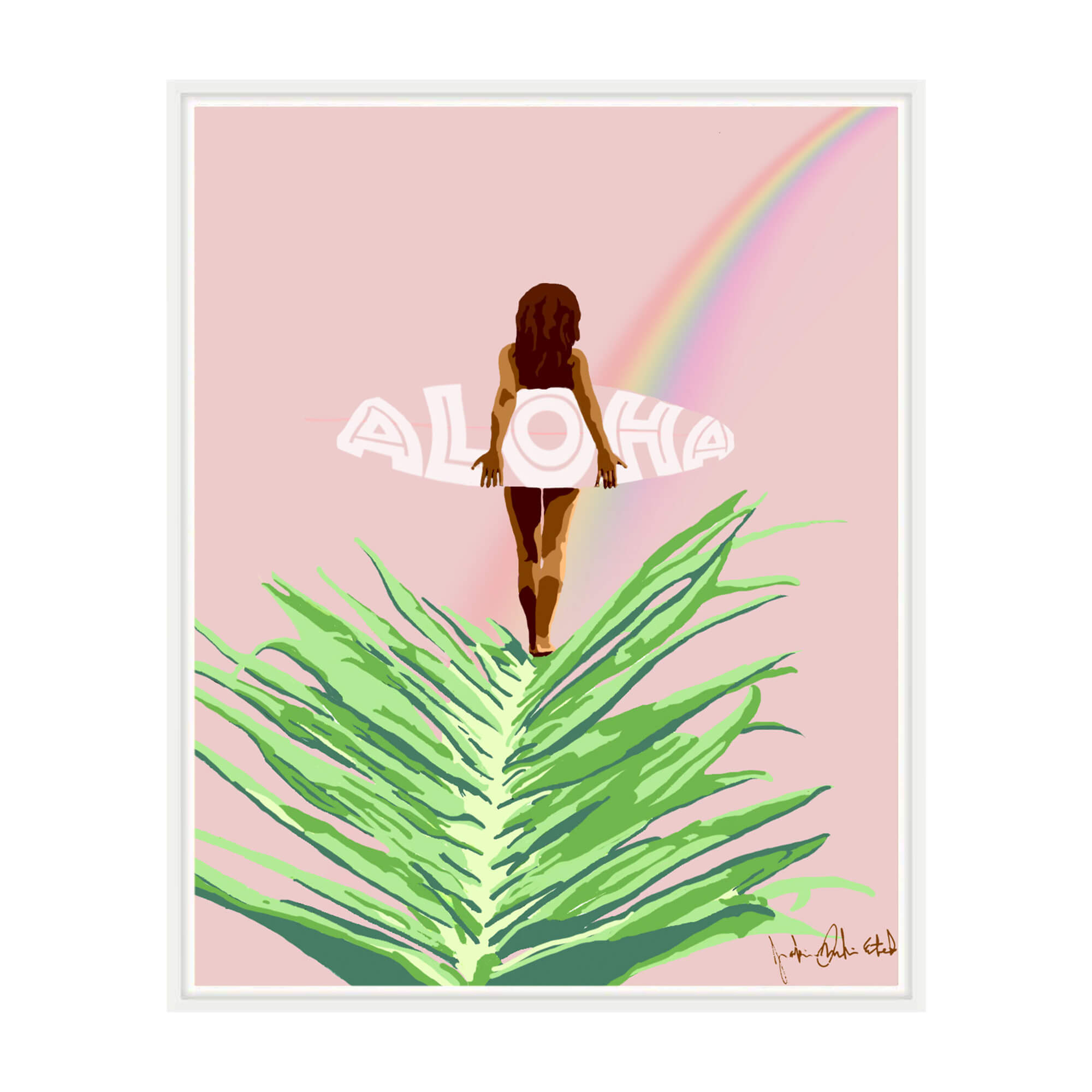 A framed canvas giclée print featuring a woman holding a surfboard following a beautiful rainbow on a pastel pink background by Hawaii artist Jackie Eitel