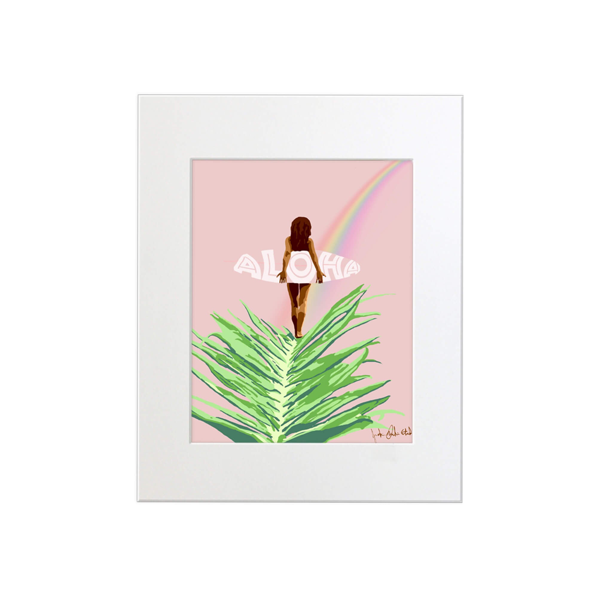 A matted art print featuring a woman holding a surfboard following a beautiful rainbow on a pastel pink background by Hawaii artist Jackie Eitel