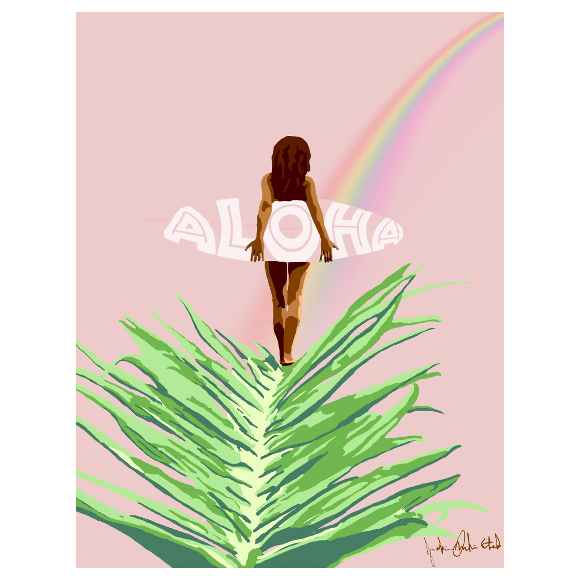 A matted art print featuring a woman holding a surfboard following a beautiful rainbow on a pastel pink background by Hawaii artist Jackie Eitel