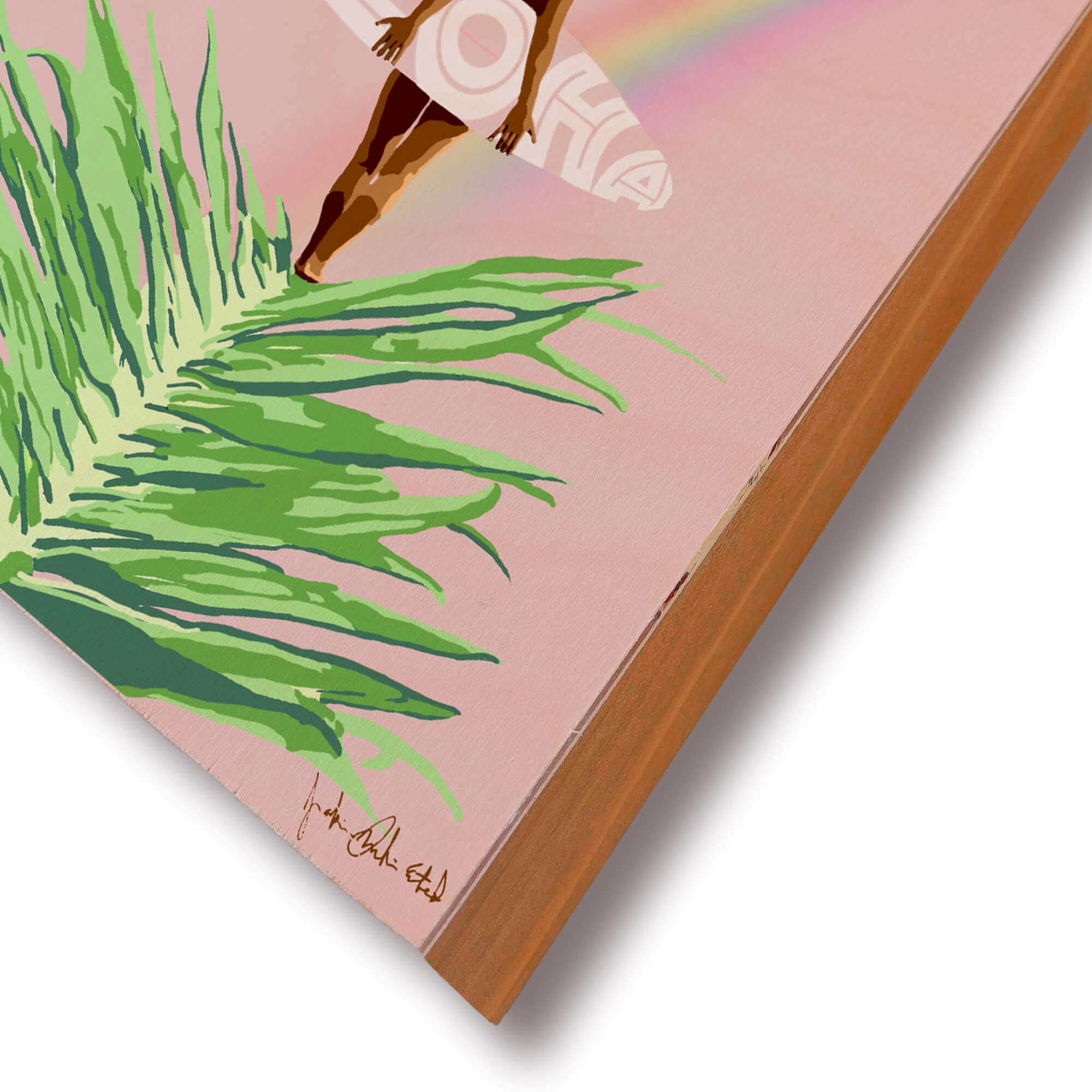 A wood print edge details of artwork Rainbow Chaser by Hawaii artist Jackie Eitel