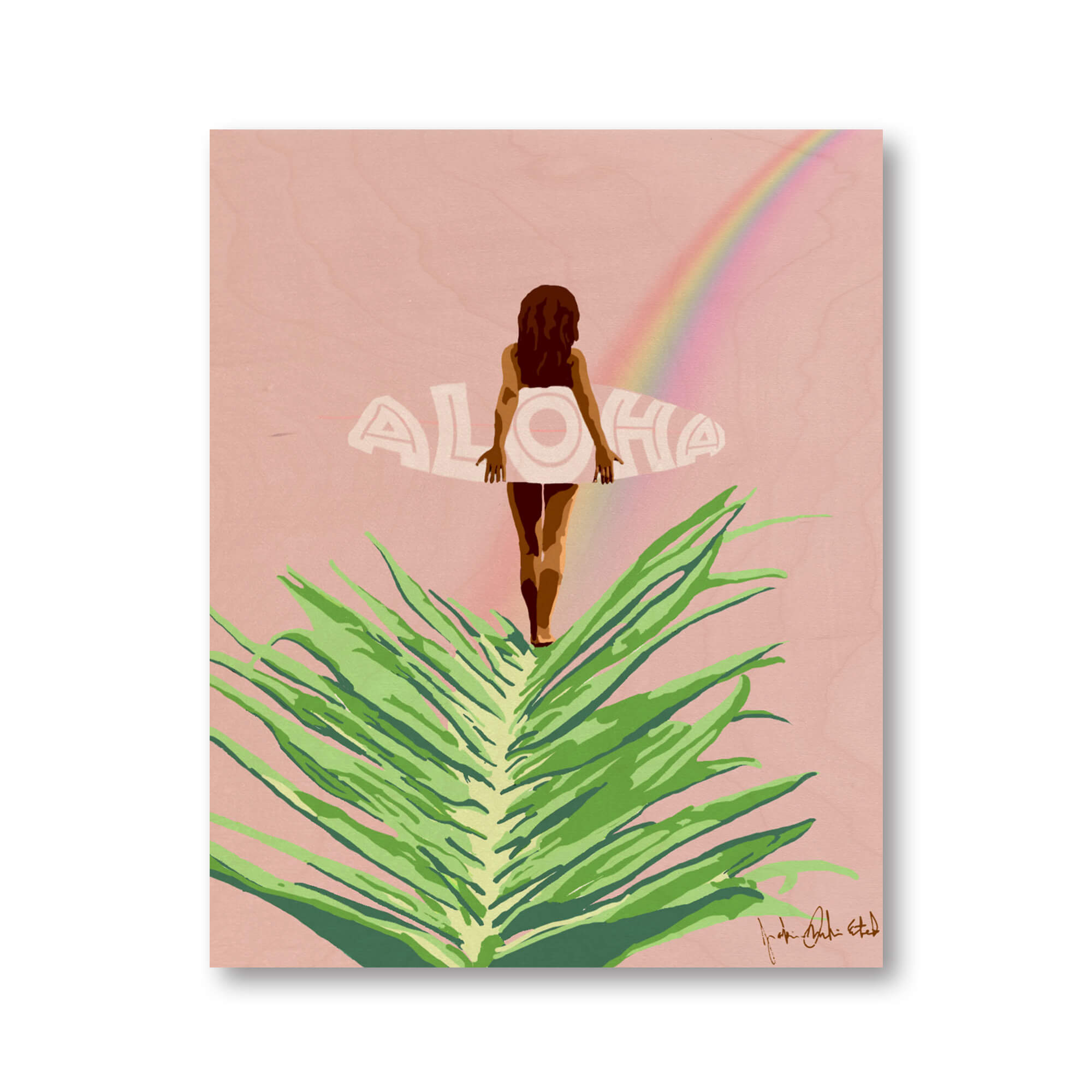 A wood print of a woman holding an Aloha surfboard following a beautiful rainbow on  a pastel pink background, printed on a birch wood panel by Hawaii artist Jackie Eitel