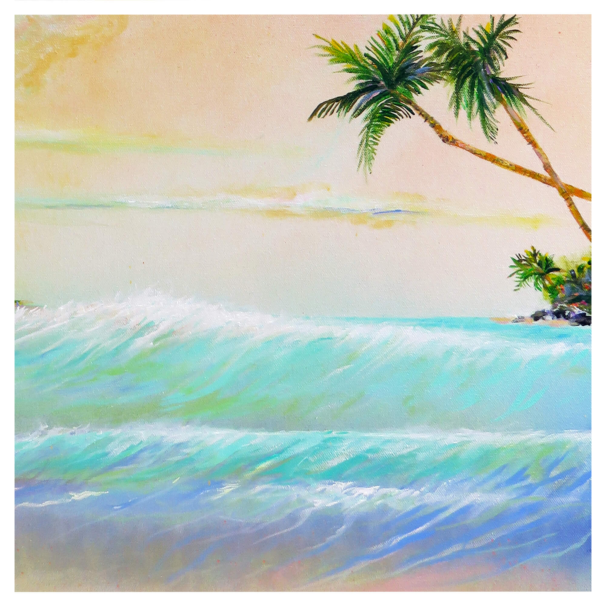 Coconut trees and teal-hued ocean water by Hawaii artist Jess Burda