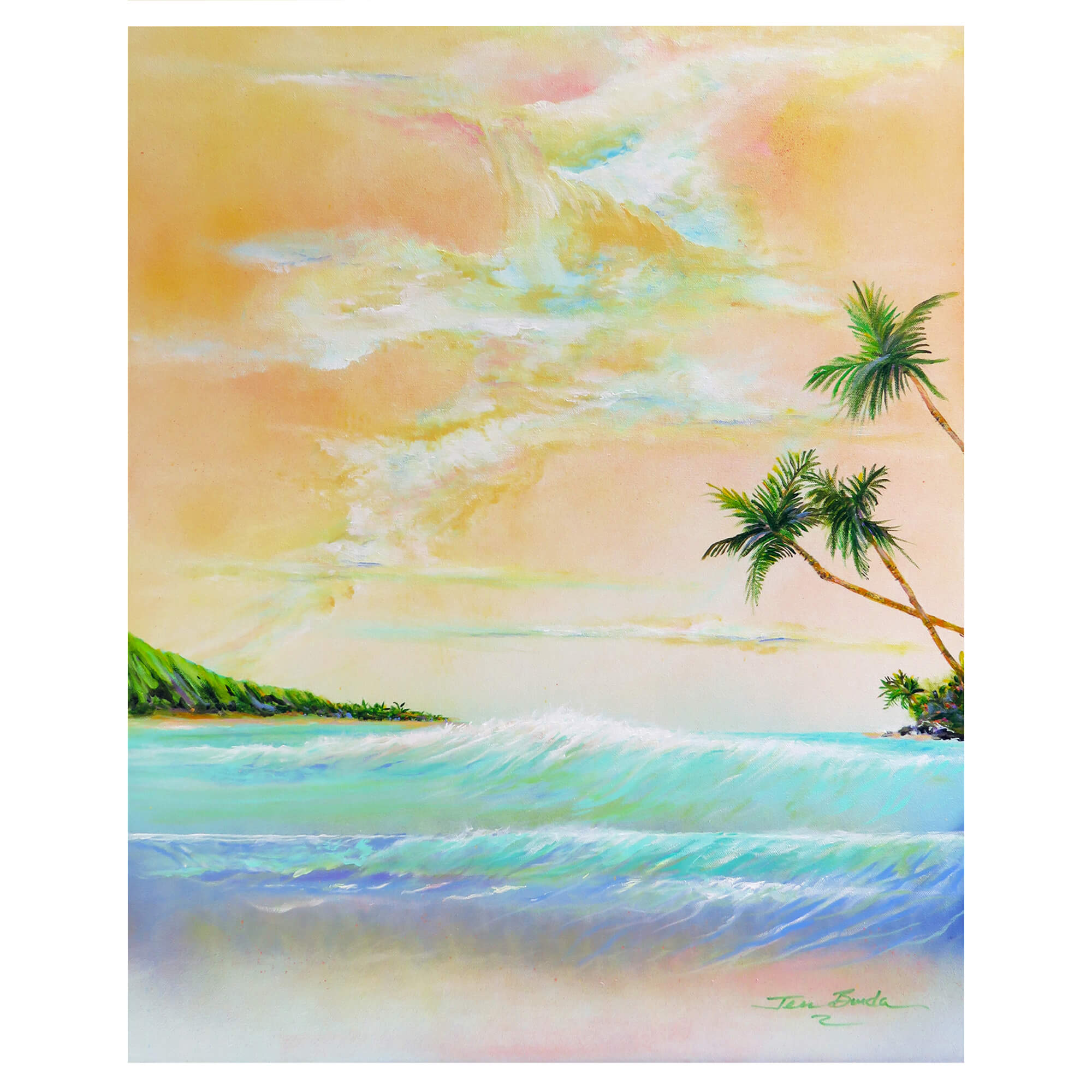 A seascape with coconut trees and distant mountain by Hawaii artist Jess Burda