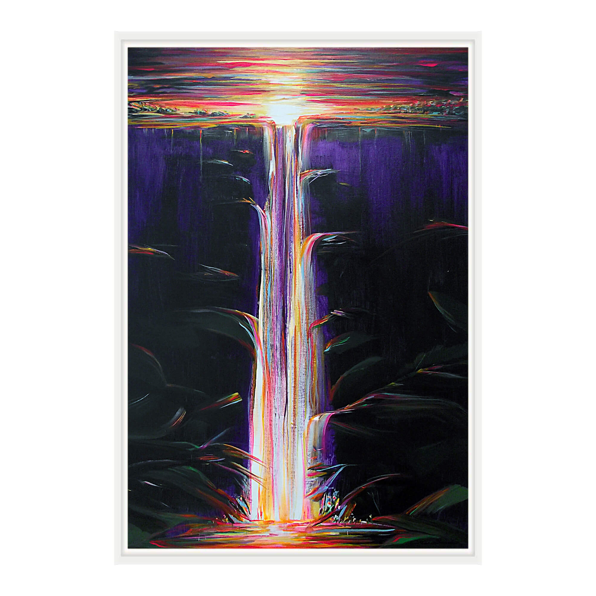 A black and purple-hued waterfall by Hawaii artist Jess Burda