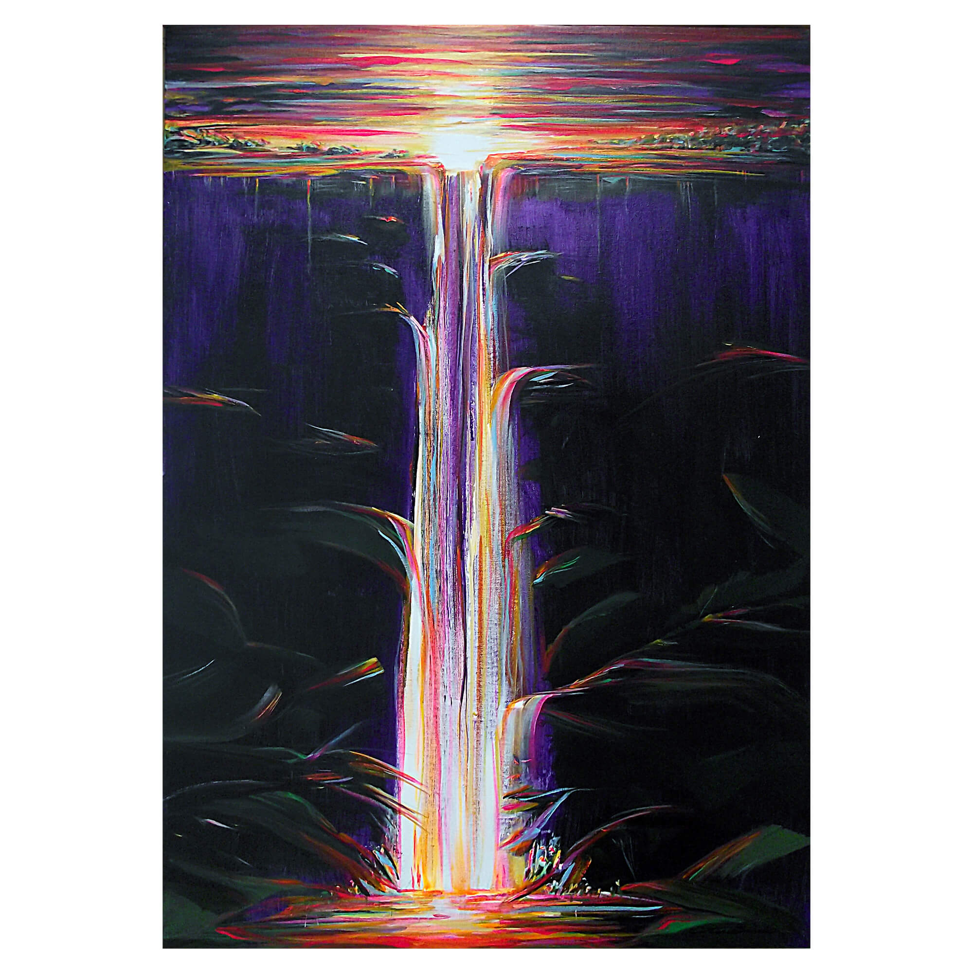 A waterfall with colorful flowing water and sky by Hawaii artist Jess Burda