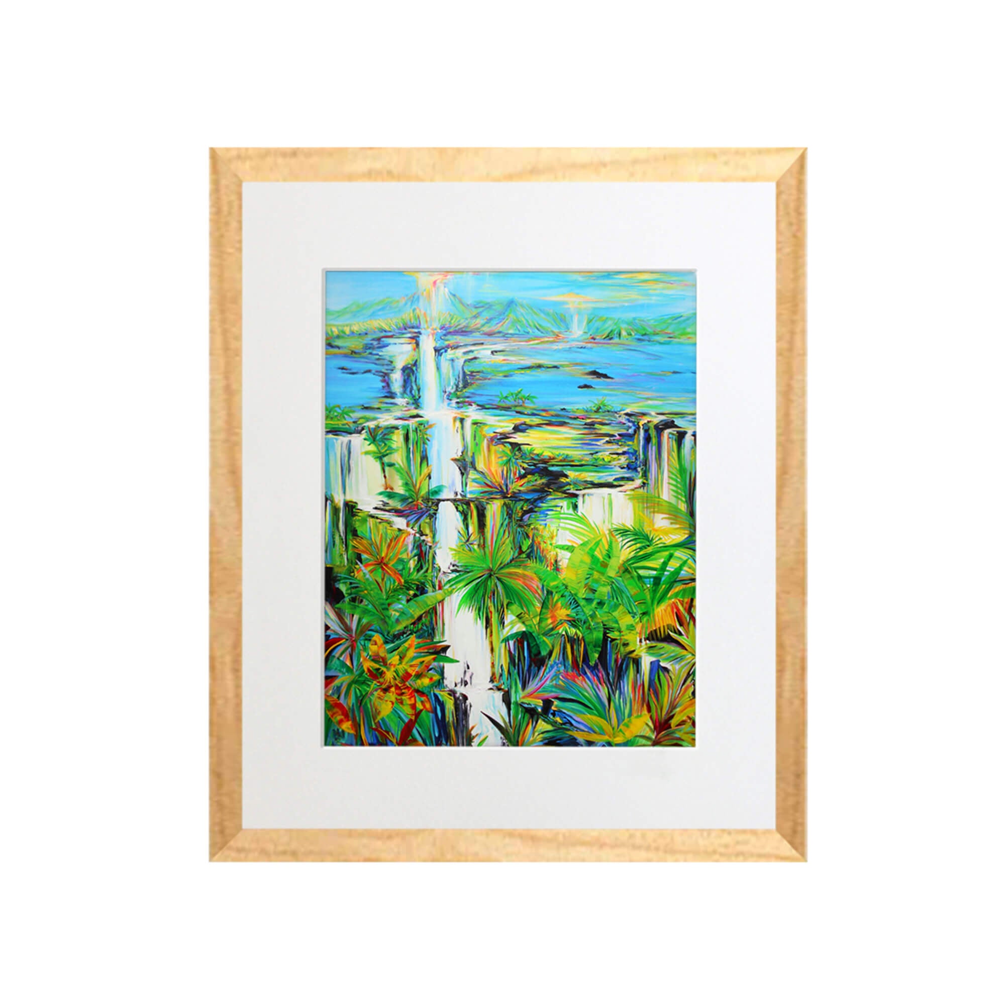 A landscape with distant mountains and waterfalls by Hawaii artist Jess Burda