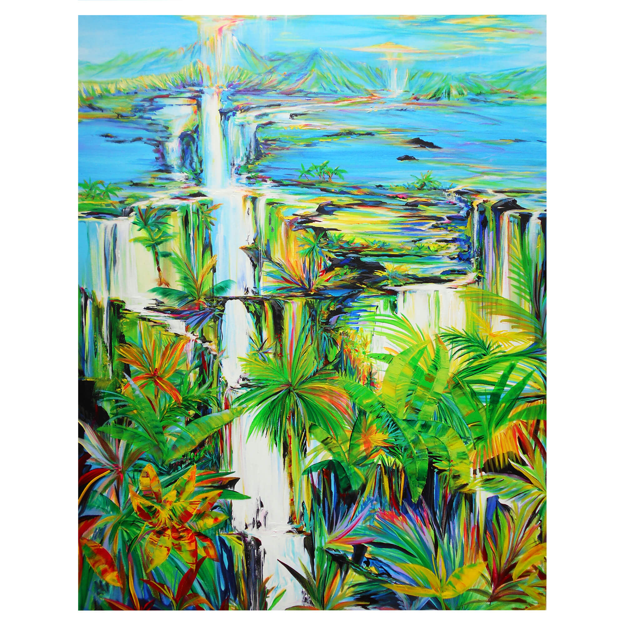 Colorful tropical plants surrounding a mountain with a waterfall by Hawaii artist Jess Burda