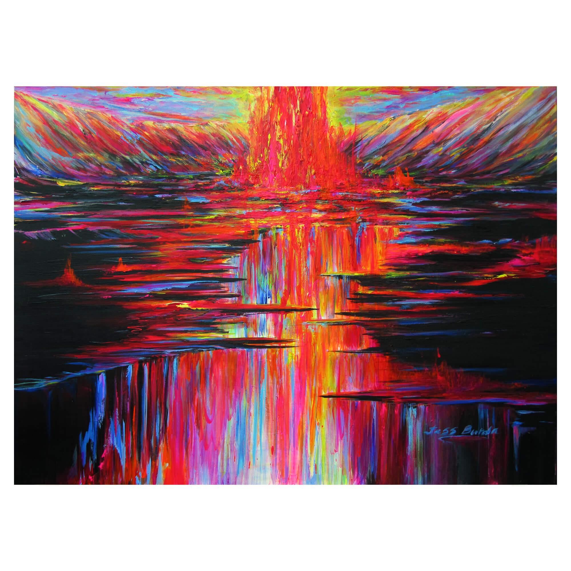 A colorful crater with gushing lava by Hawaii artist Jess Burda