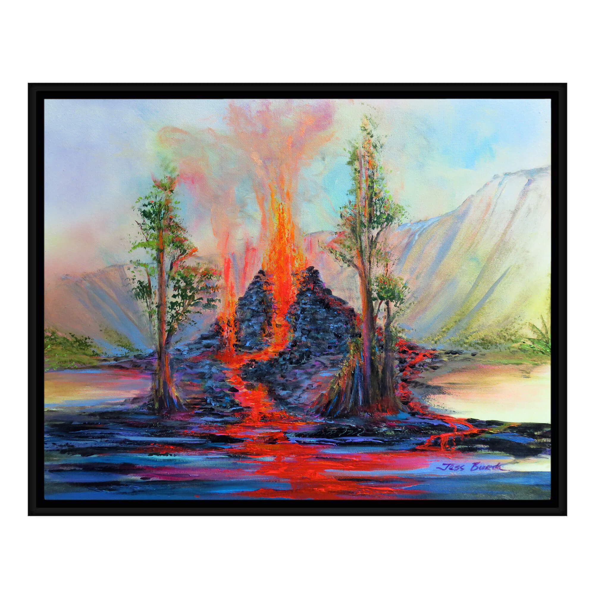 A vibrant cinder cone with flowing lava by Hawaii artist Jess Burda