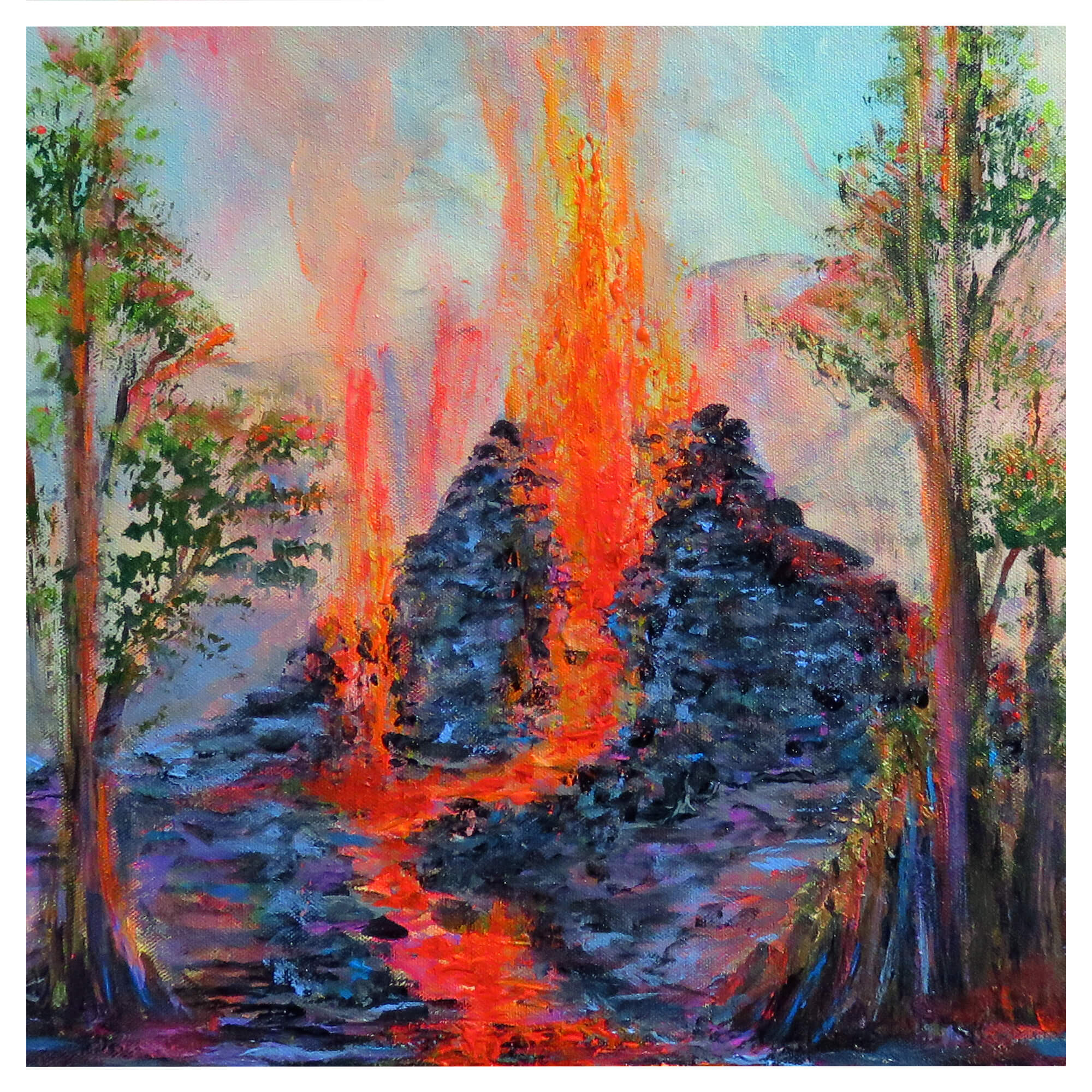 Exploding lava over a cinder cone by Hawaii artist Jess Burda