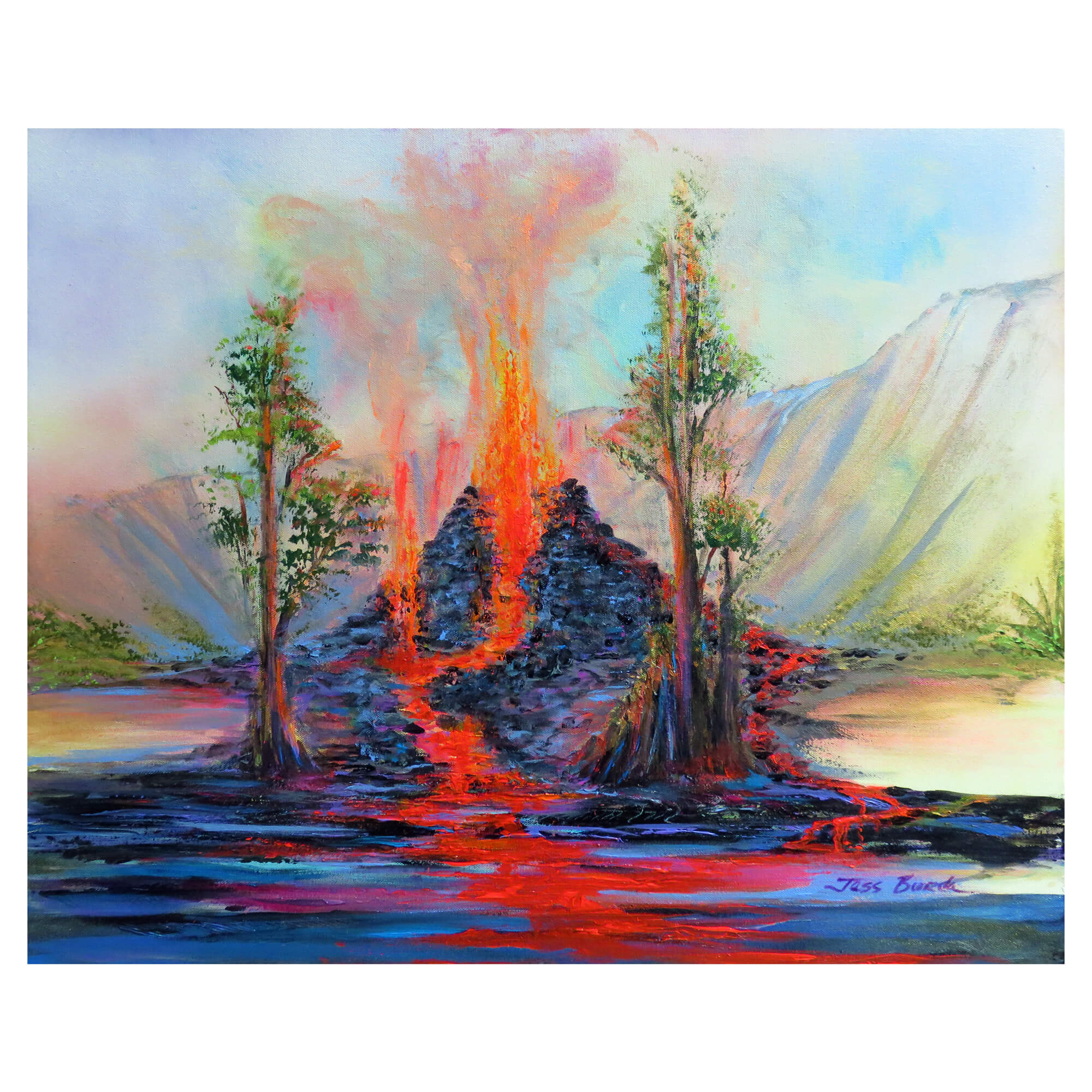 Gushing lava over a cinder cone surrounded by trees by Hawaii artist Jess Burda
