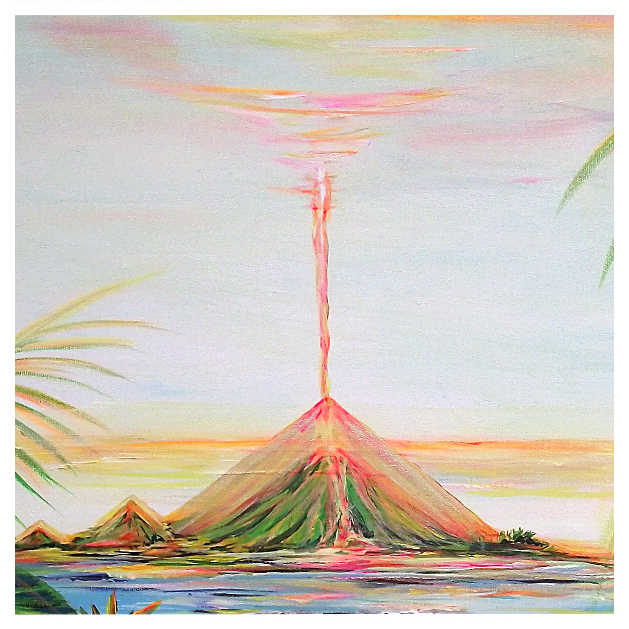 A green and pink colored erupting volcano by Hawaii artist Jess Burda