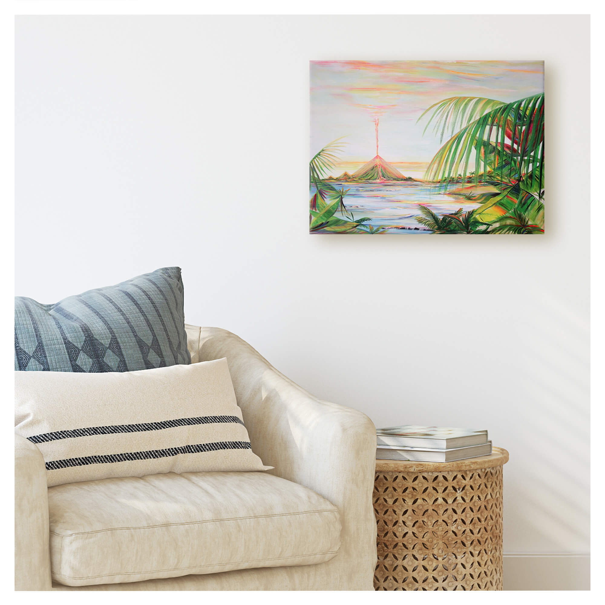 A seascape framed by tropical plants and a distant volcano by Hawaii artist Jess Burda