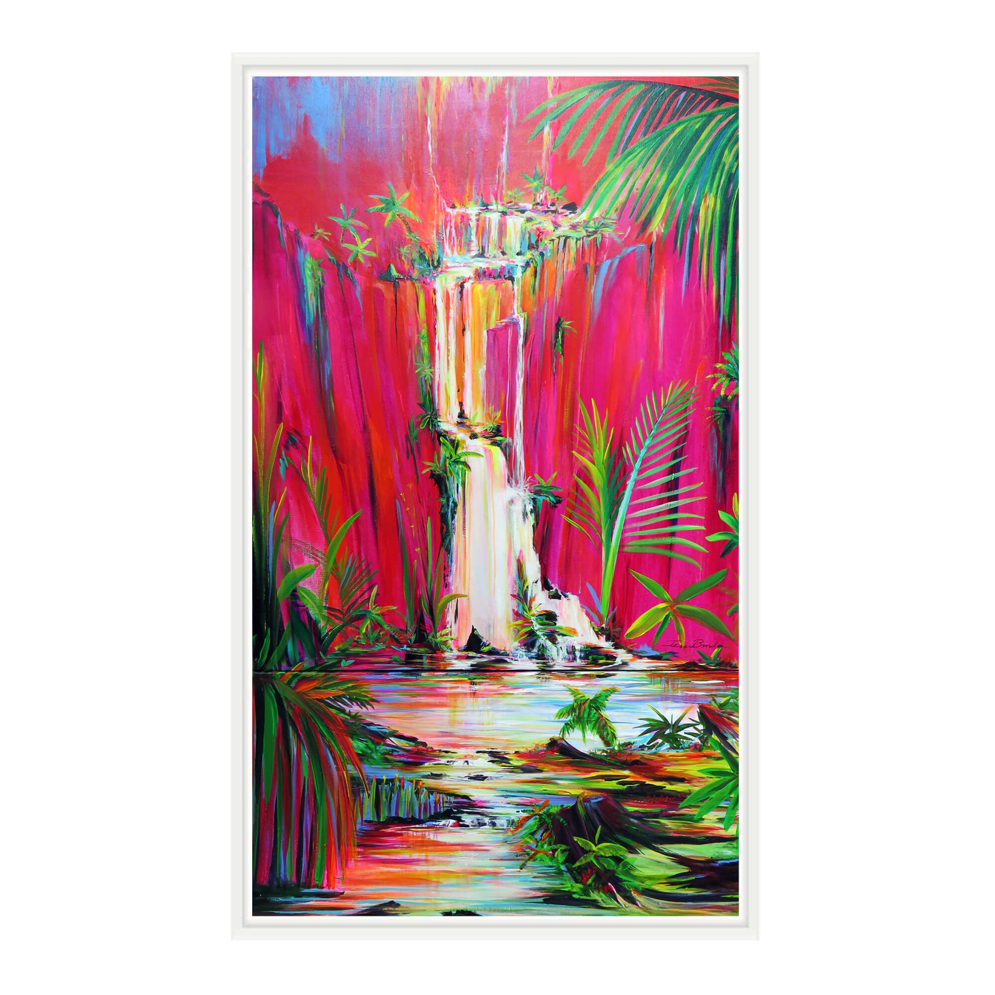 A waterfall surrounded by tropical plants by Hawaii artist Jess Burda