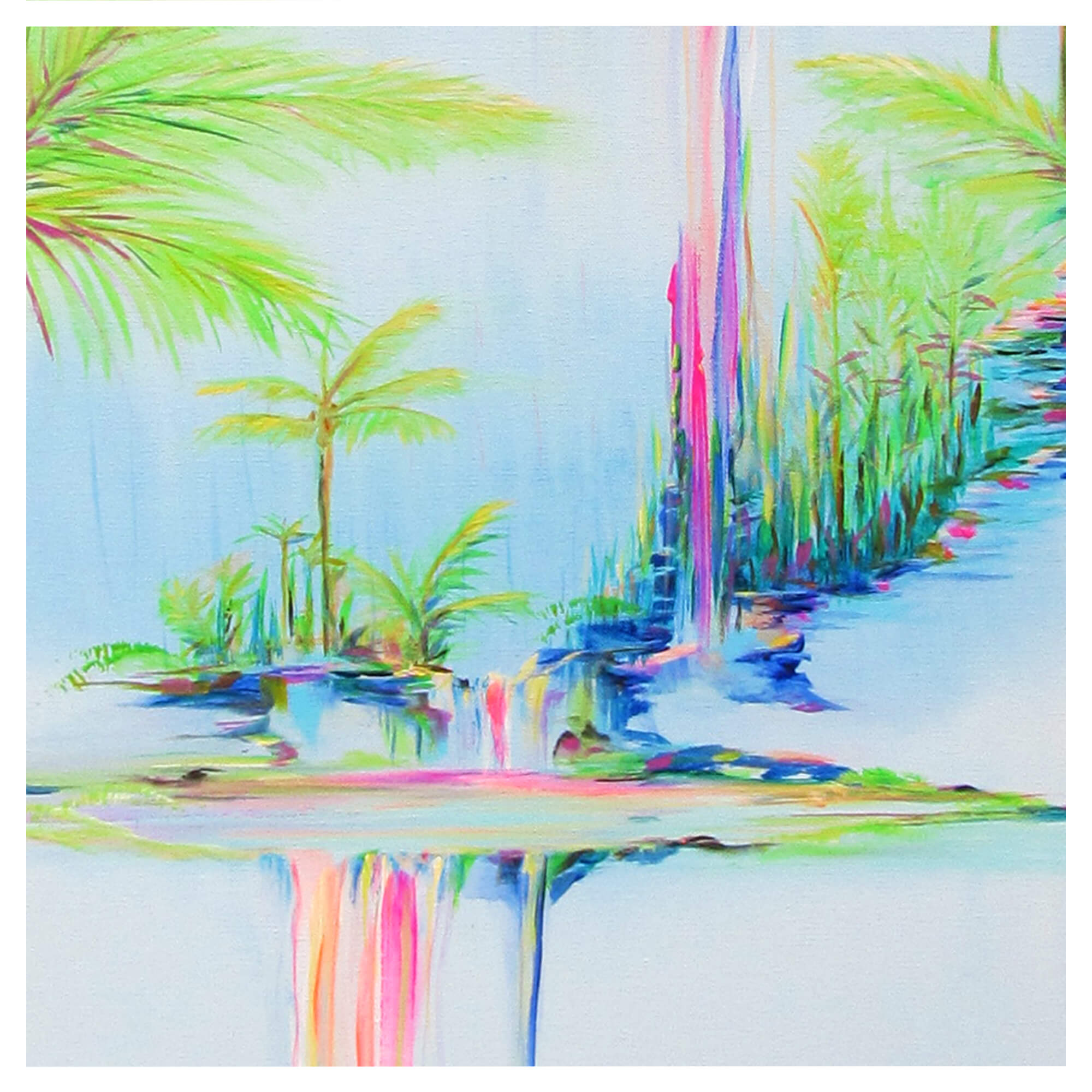 Pink hued waterfalls and coconut trees by Hawaii artist Jess Burda