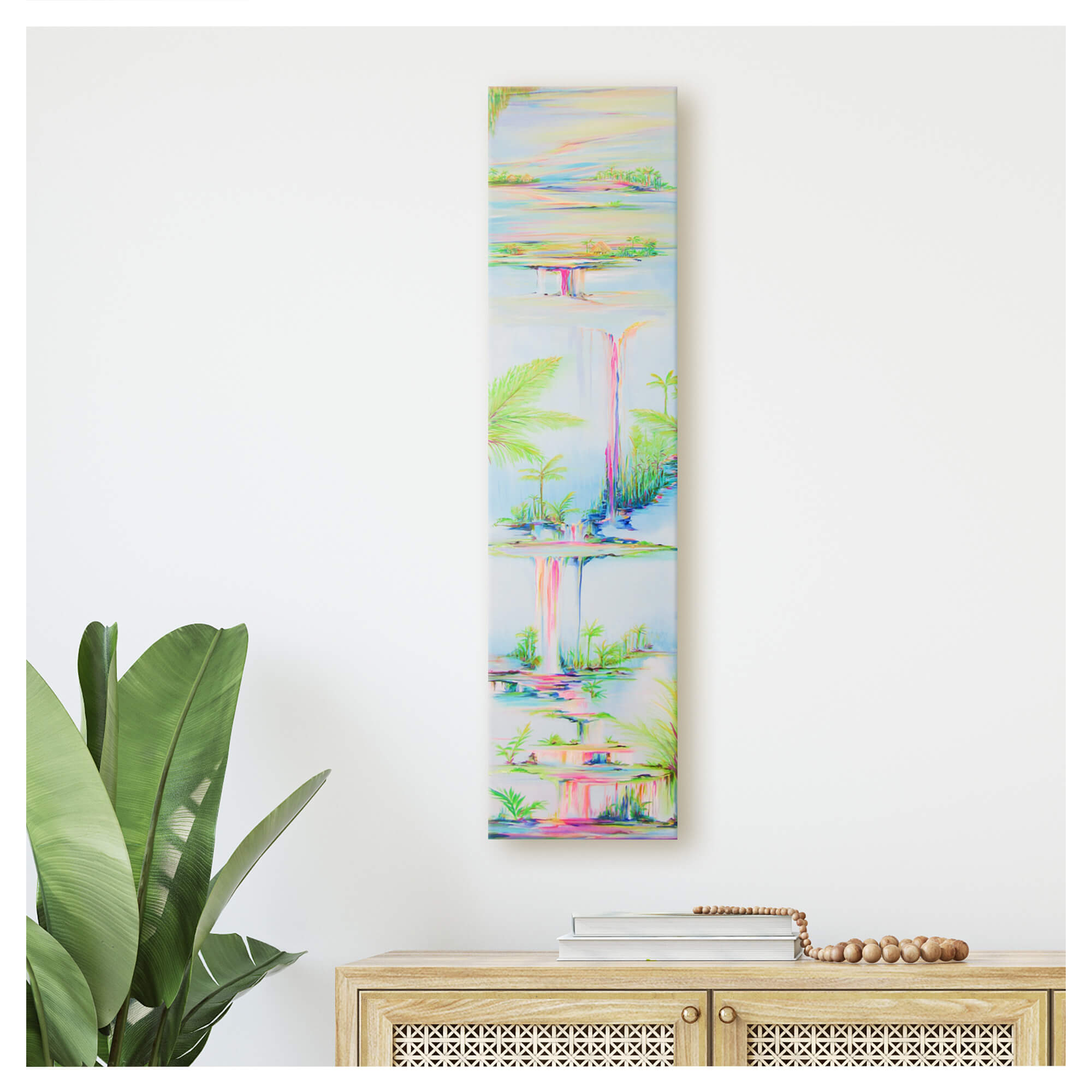 Pink flowing waters surrounded by vibrant colored tropical leaves by Hawaii artist Jess Burda