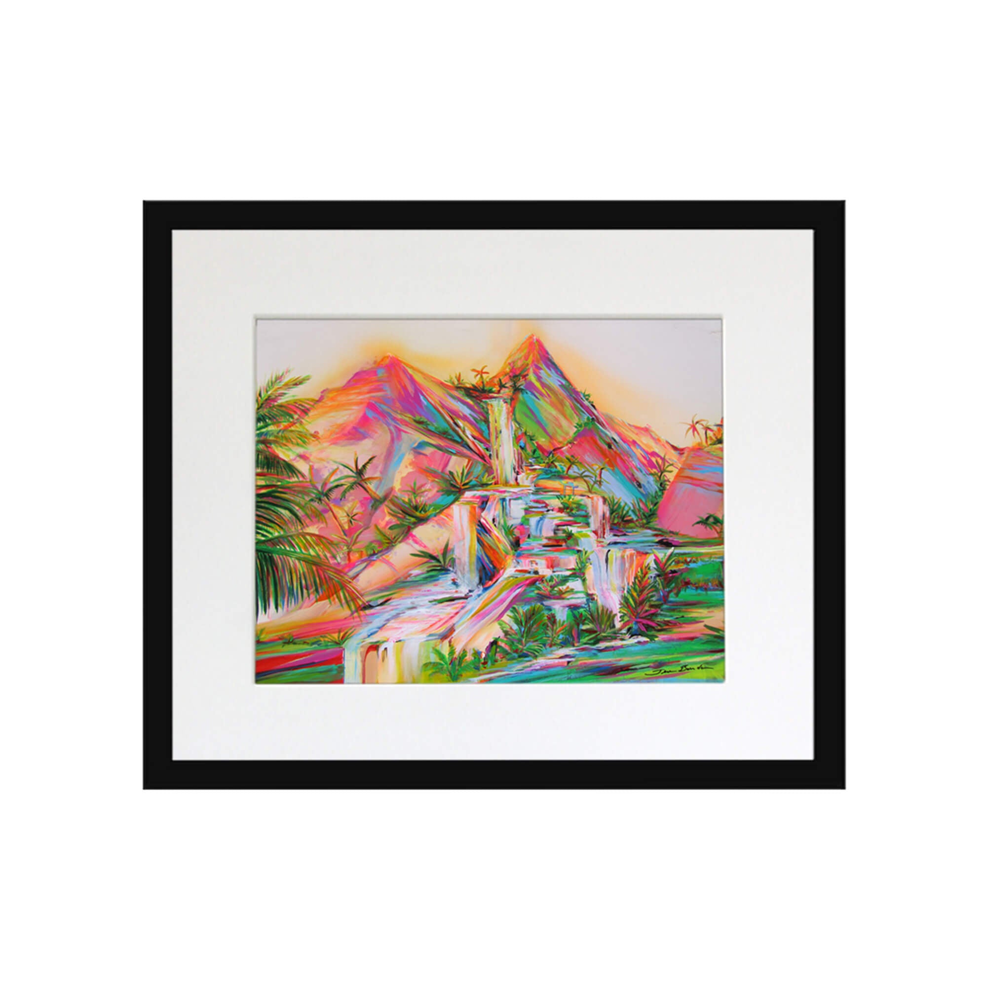 Vibrant pink and green colored mountain with flowing water by Hawaii artist Jess Burda